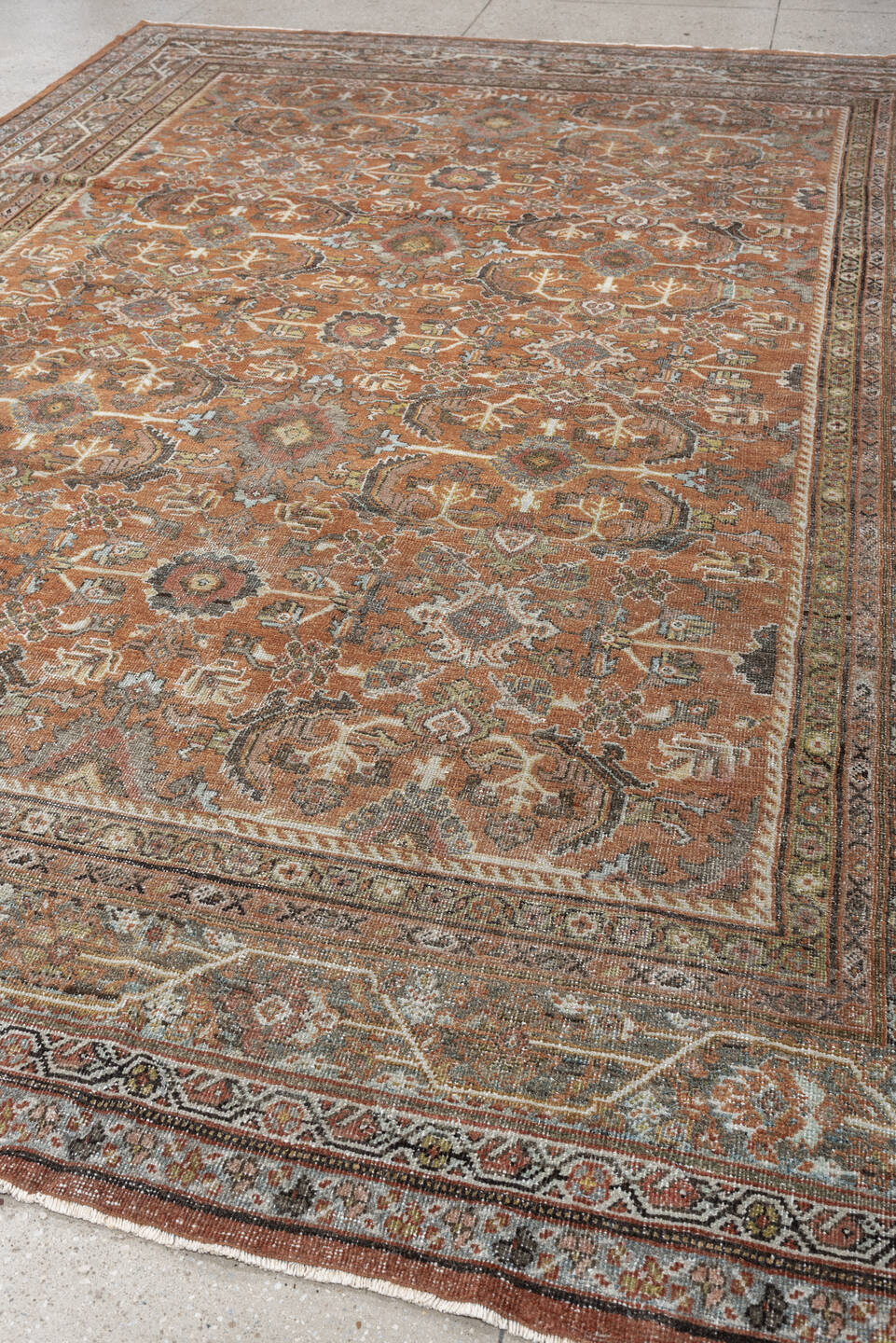 8' x 12' one-of-a-kind handmade antique Mahal large size rug. Color palette: terracotta, ivory, slate blue, charcoal, sage