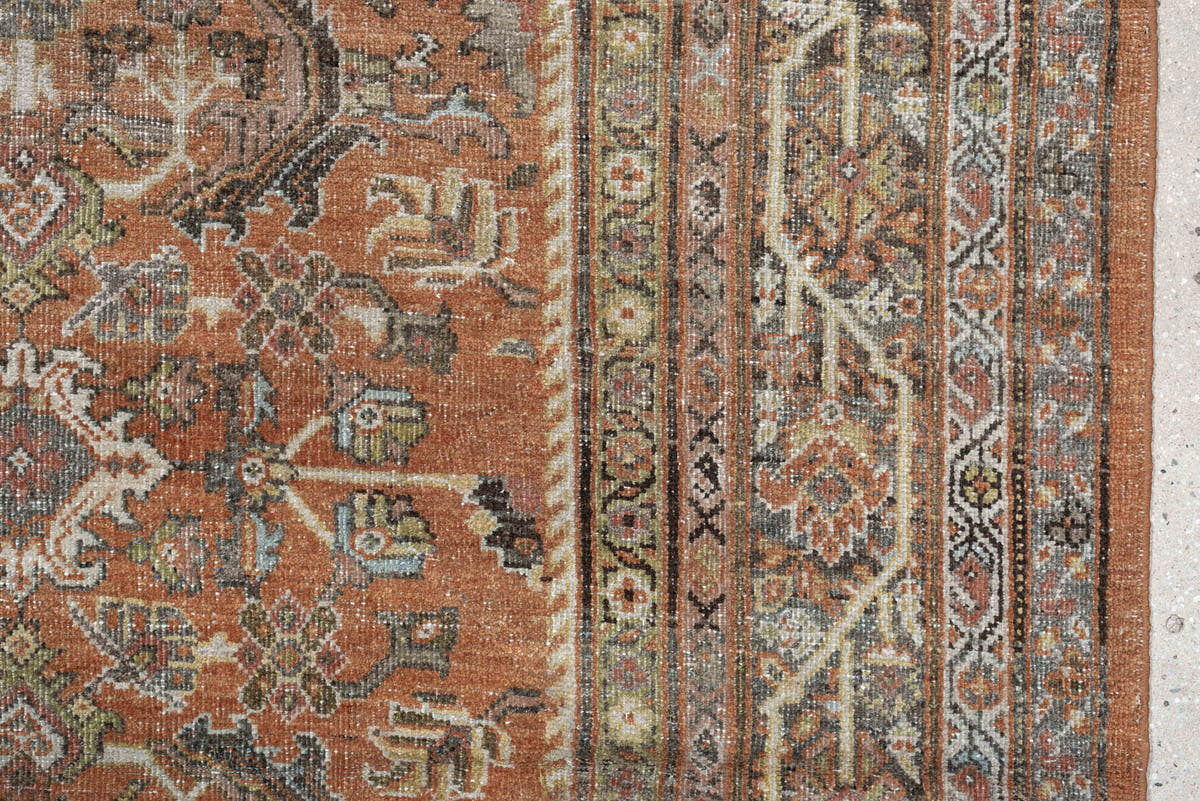 8' x 12' one-of-a-kind handmade antique Mahal large size rug. Color palette: terracotta, ivory, slate blue, charcoal, sage