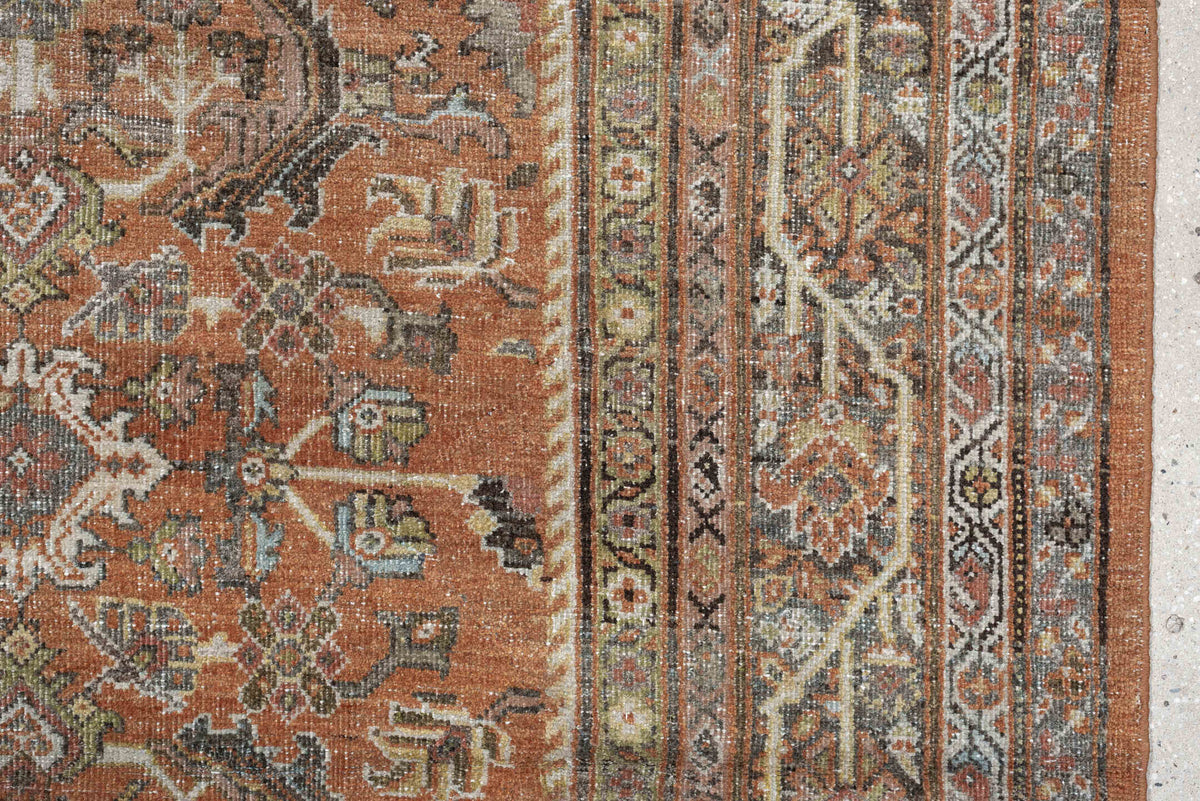8' x 12' one-of-a-kind handmade antique Mahal large size rug. Color palette: terracotta, ivory, slate blue, charcoal, sage