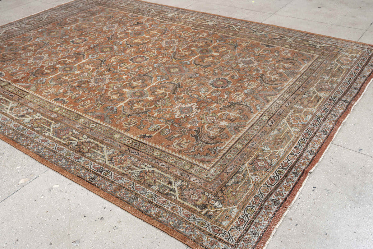8' x 12' one-of-a-kind handmade antique Mahal large size rug. Color palette: terracotta, ivory, slate blue, charcoal, sage