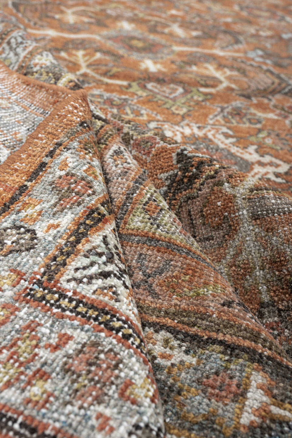 8' x 12' one-of-a-kind handmade antique Mahal large size rug. Color palette: terracotta, ivory, slate blue, charcoal, sage