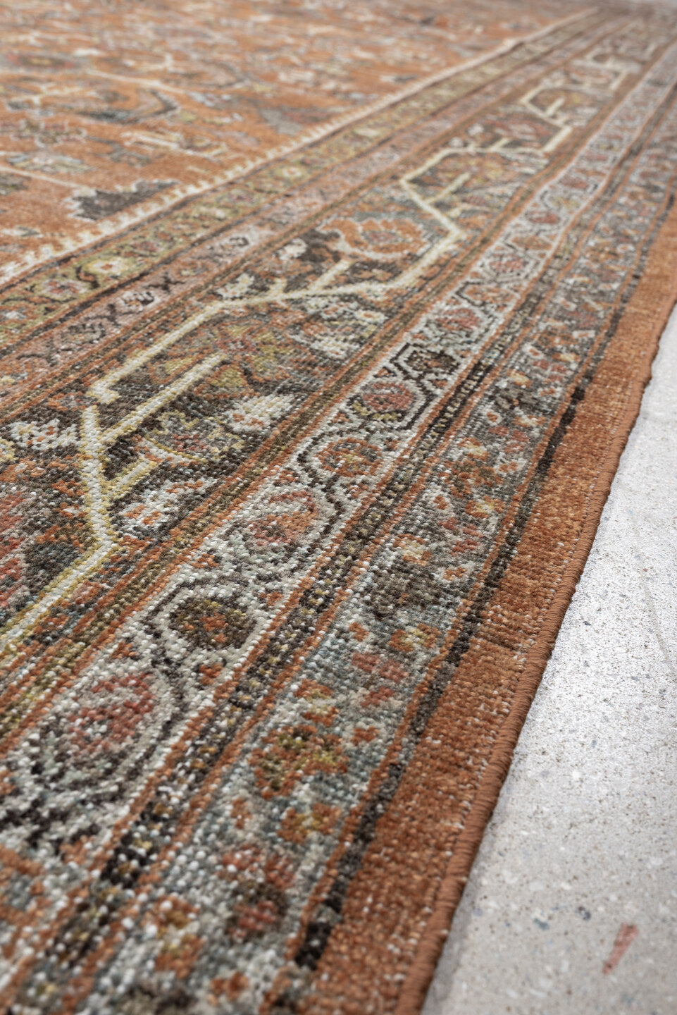 8' x 12' one-of-a-kind handmade antique Mahal large size rug. Color palette: terracotta, ivory, slate blue, charcoal, sage