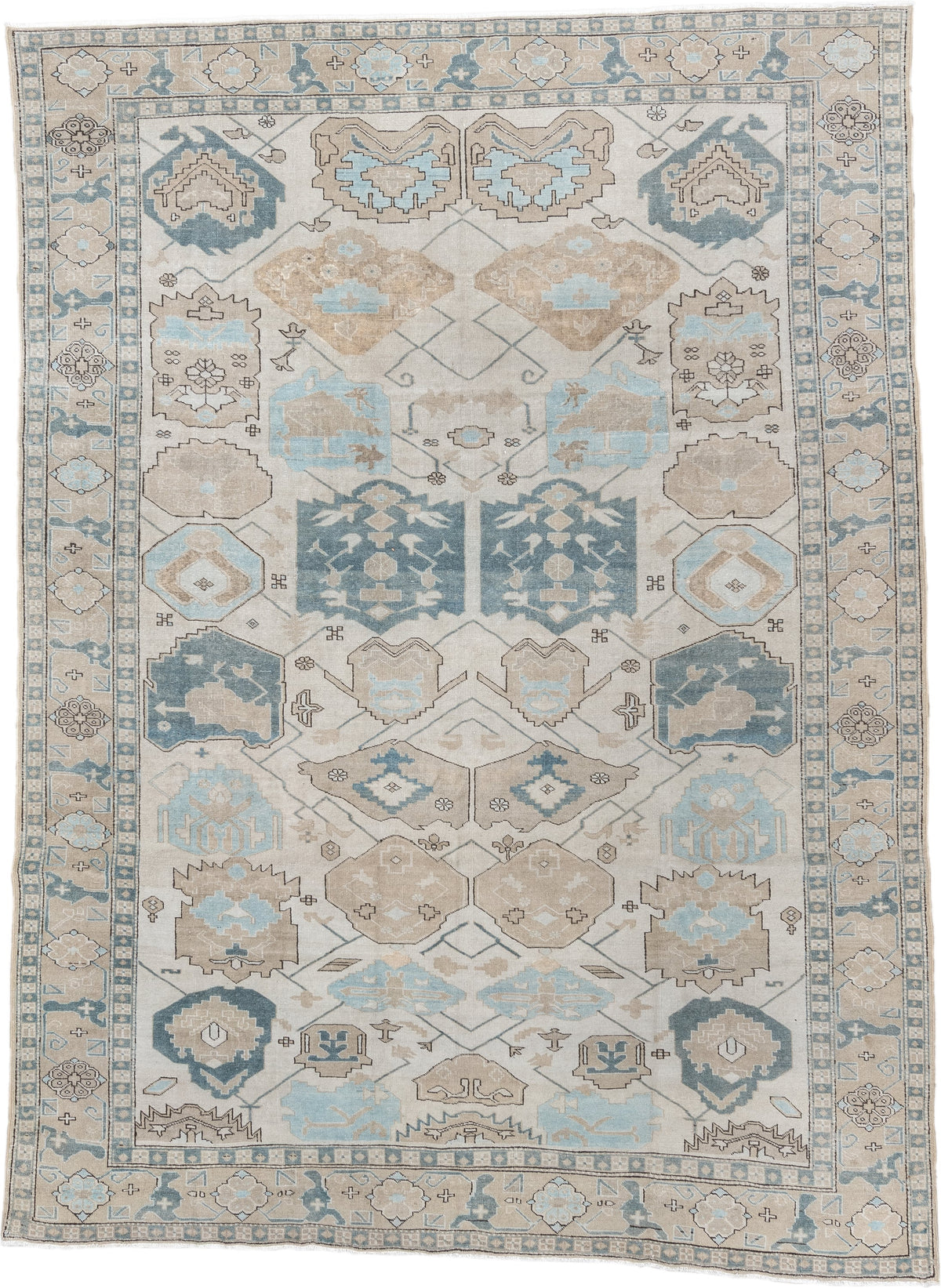 8' x 11' one-of-a-kind handmade antique Ardebil large size rug. Color palette: ivory, powder blue, taupe, muted teal, sand