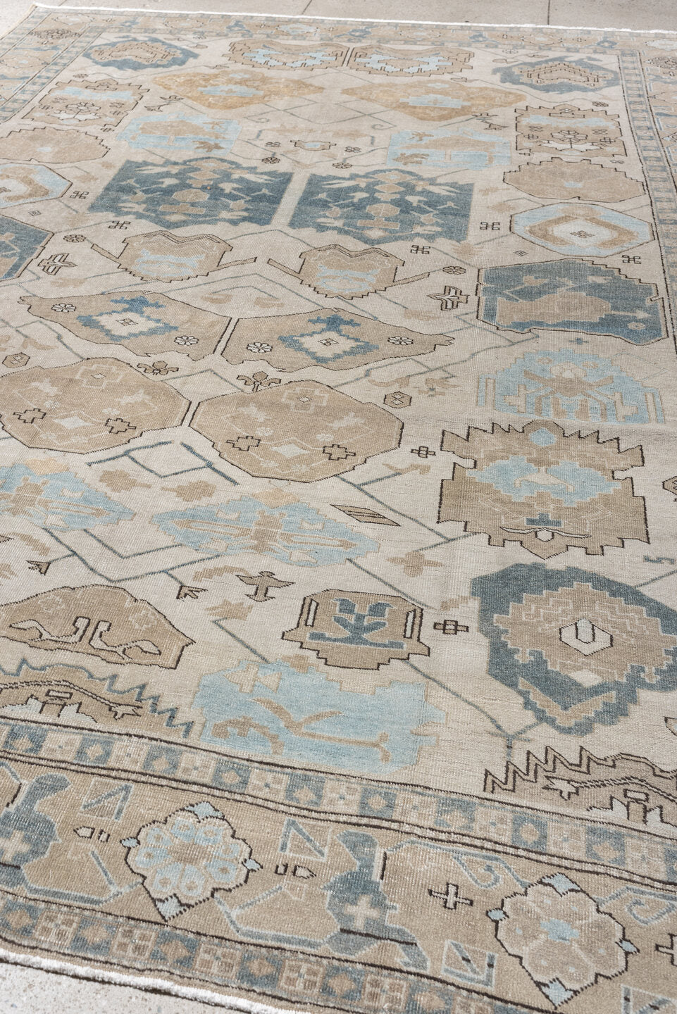 8' x 11' one-of-a-kind handmade antique Ardebil large size rug. Color palette: ivory, powder blue, taupe, muted teal, sand