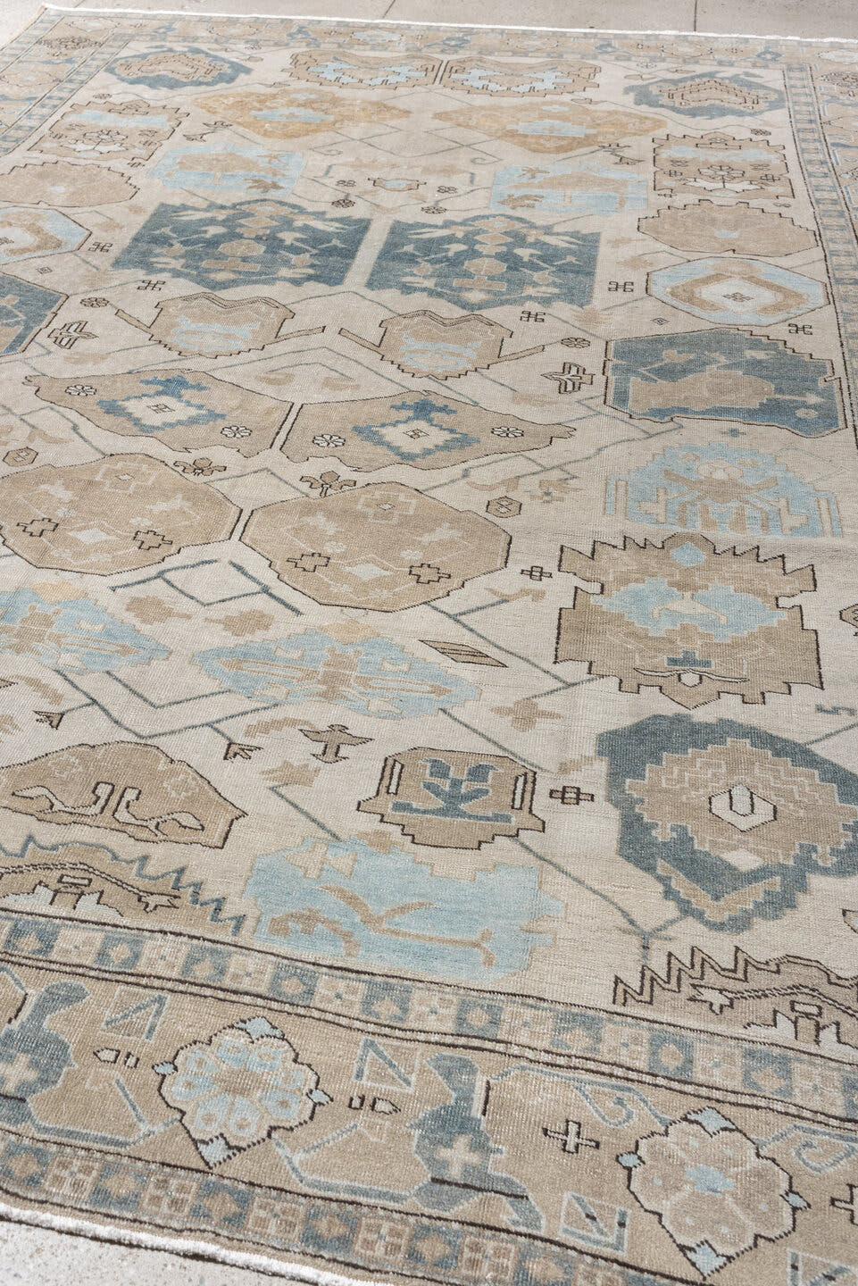 8' x 11' one-of-a-kind handmade antique Ardebil large size rug. Color palette: ivory, powder blue, taupe, muted teal, sand