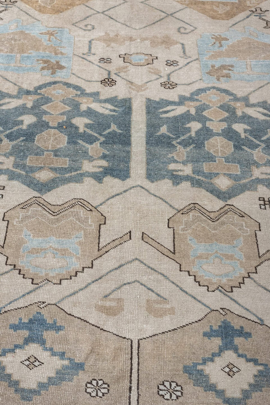 8' x 11' one-of-a-kind handmade antique Ardebil large size rug. Color palette: ivory, powder blue, taupe, muted teal, sand