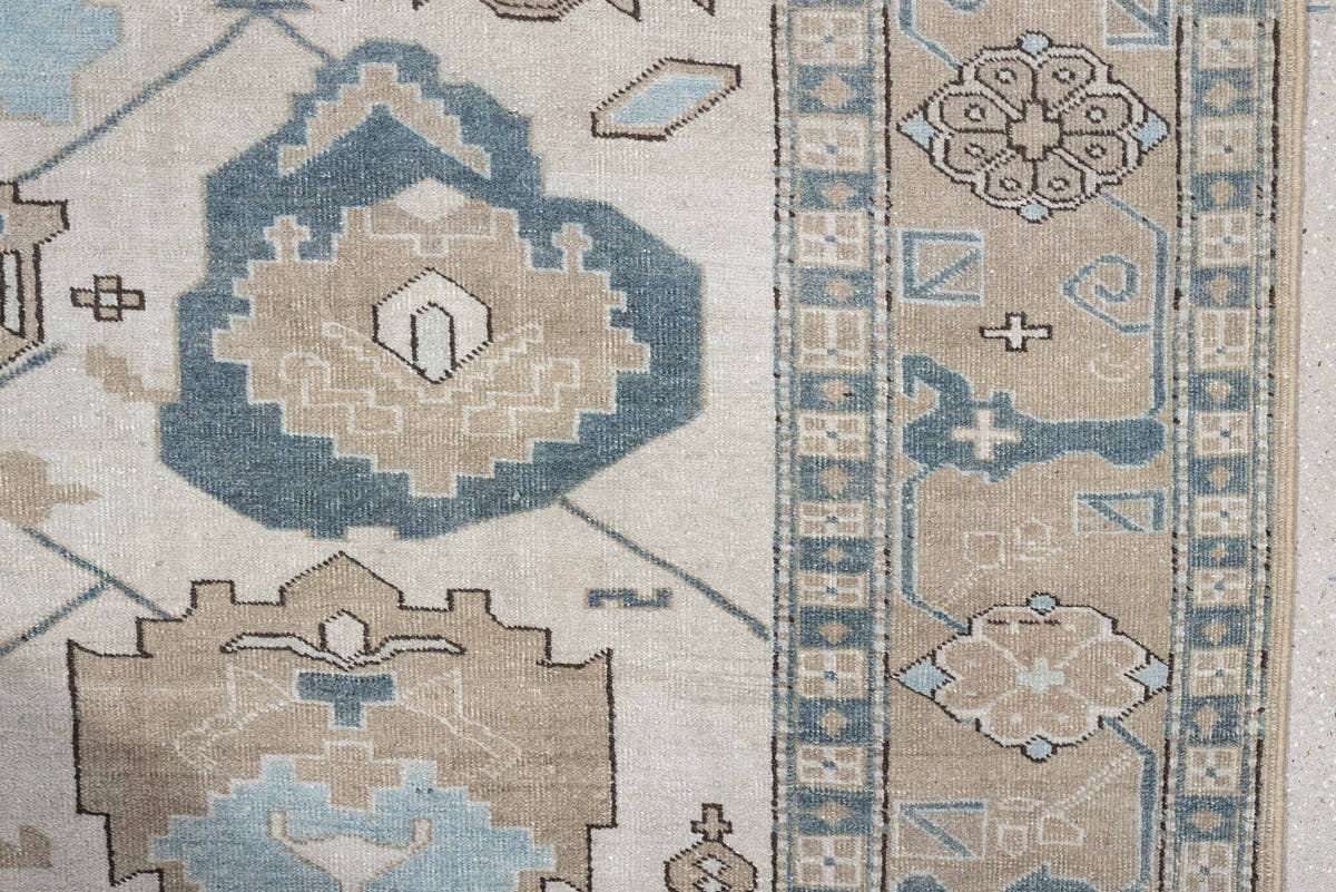 8' x 11' one-of-a-kind handmade antique Ardebil large size rug. Color palette: ivory, powder blue, taupe, muted teal, sand