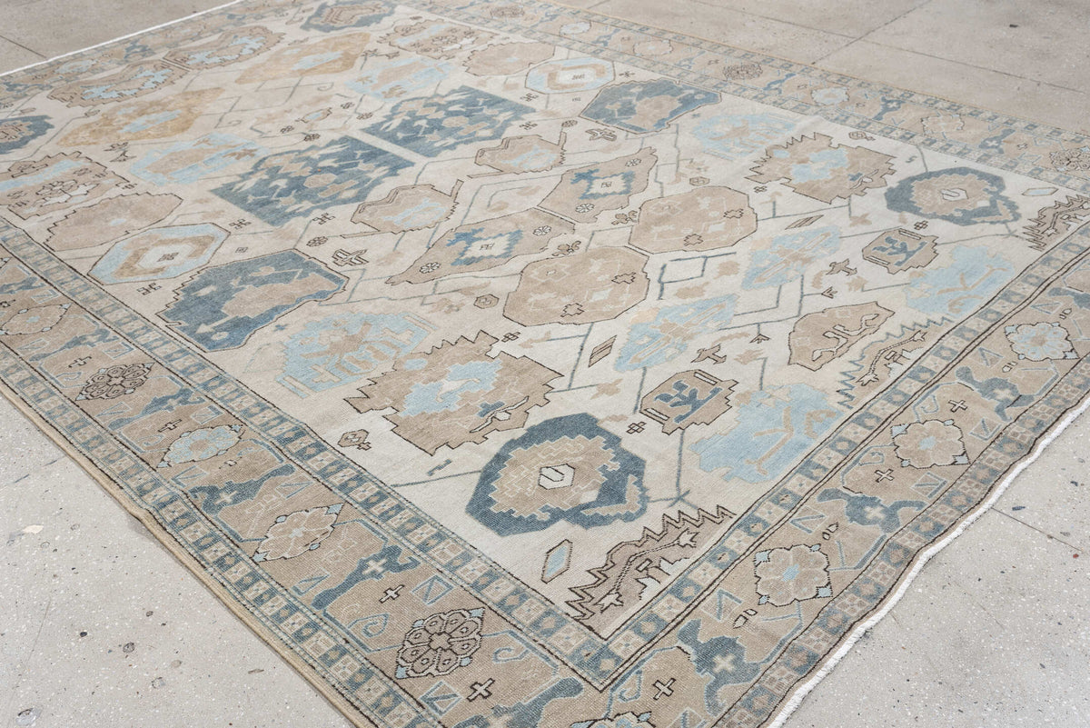 8' x 11' one-of-a-kind handmade antique Ardebil large size rug. Color palette: ivory, powder blue, taupe, muted teal, sand