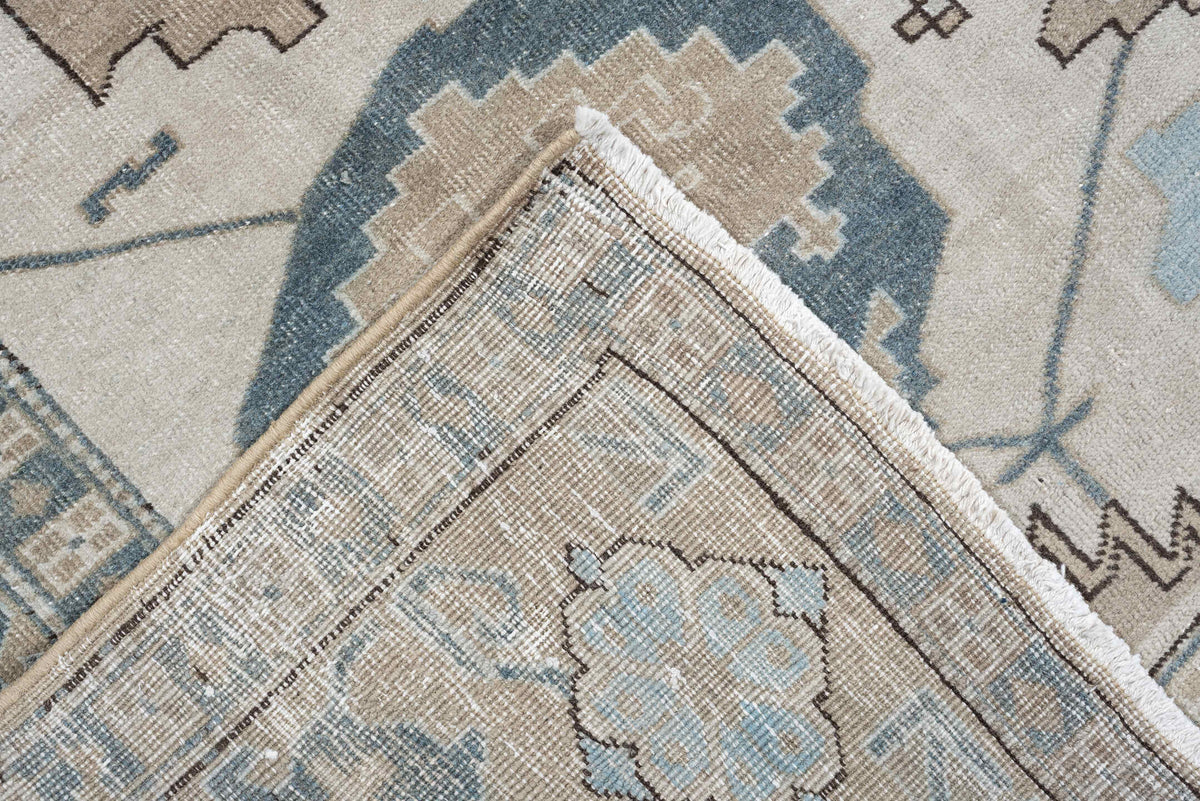 8' x 11' one-of-a-kind handmade antique Ardebil large size rug. Color palette: ivory, powder blue, taupe, muted teal, sand