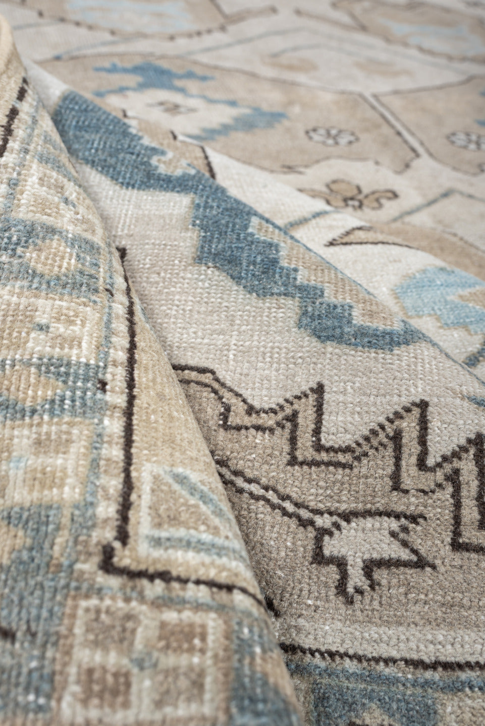 8' x 11' one-of-a-kind handmade antique Ardebil large size rug. Color palette: ivory, powder blue, taupe, muted teal, sand