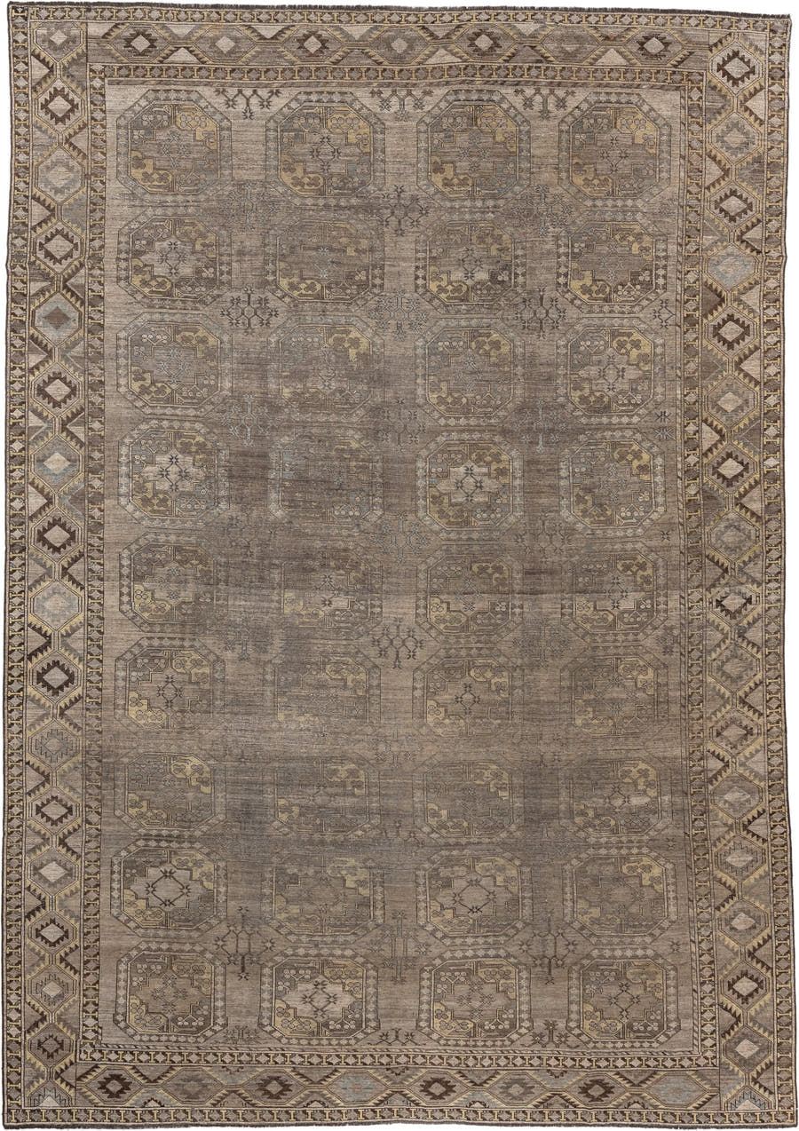10' x 14' one-of-a-kind handmade antique Afshar rug. Color palette: taupe, camel, ivory, charcoal, blue gray, ochre, ebony