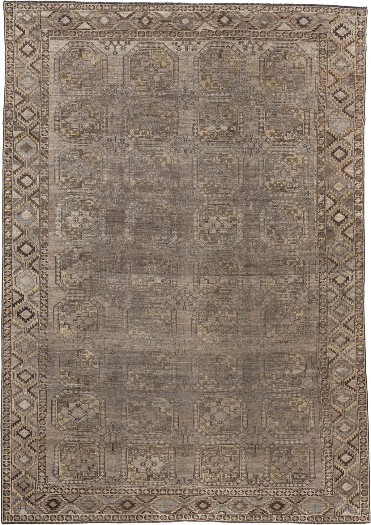 10' x 14' one-of-a-kind handmade antique Afshar rug. Color palette: taupe, camel, ivory, charcoal, blue gray, ochre, ebony