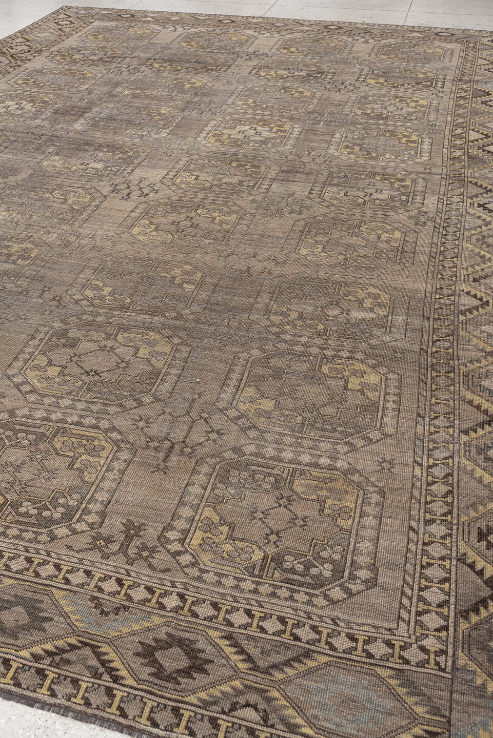 10' x 14' one-of-a-kind handmade antique Afshar rug. Color palette: taupe, camel, ivory, charcoal, blue gray, ochre, ebony
