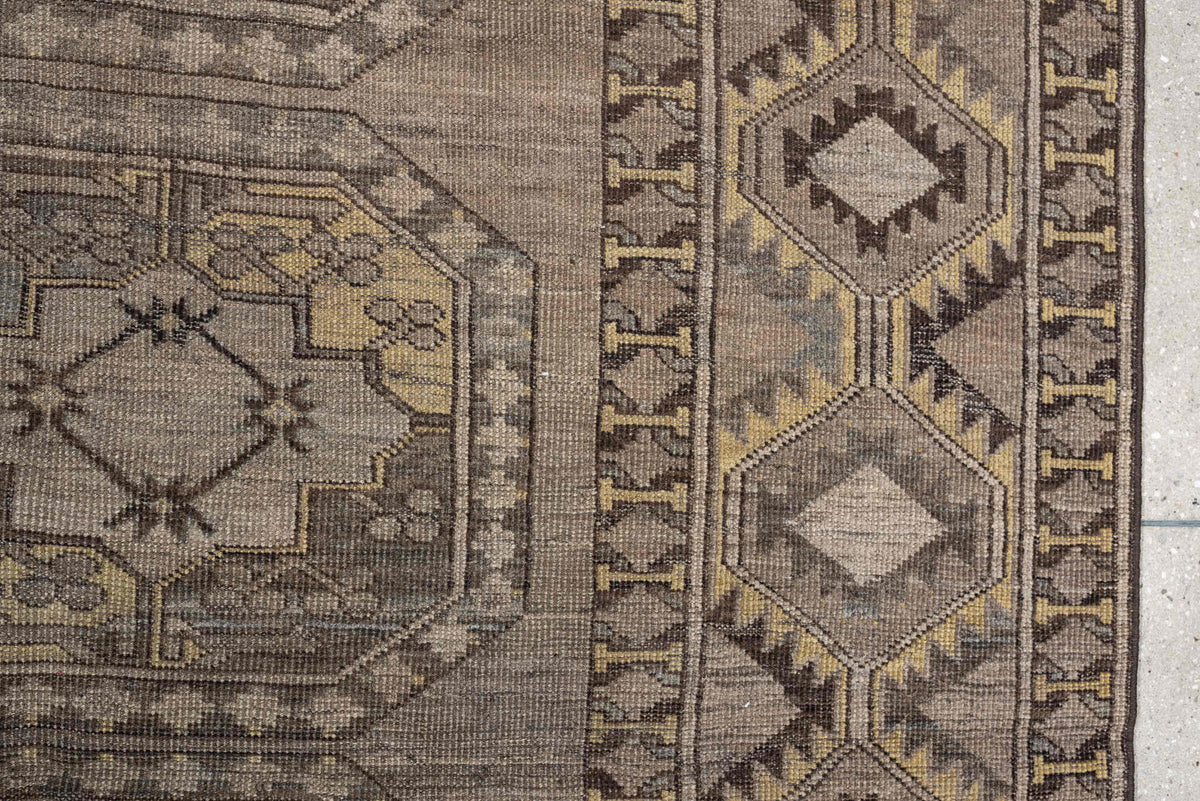 10' x 14' one-of-a-kind handmade antique Afshar rug. Color palette: taupe, camel, ivory, charcoal, blue gray, ochre, ebony