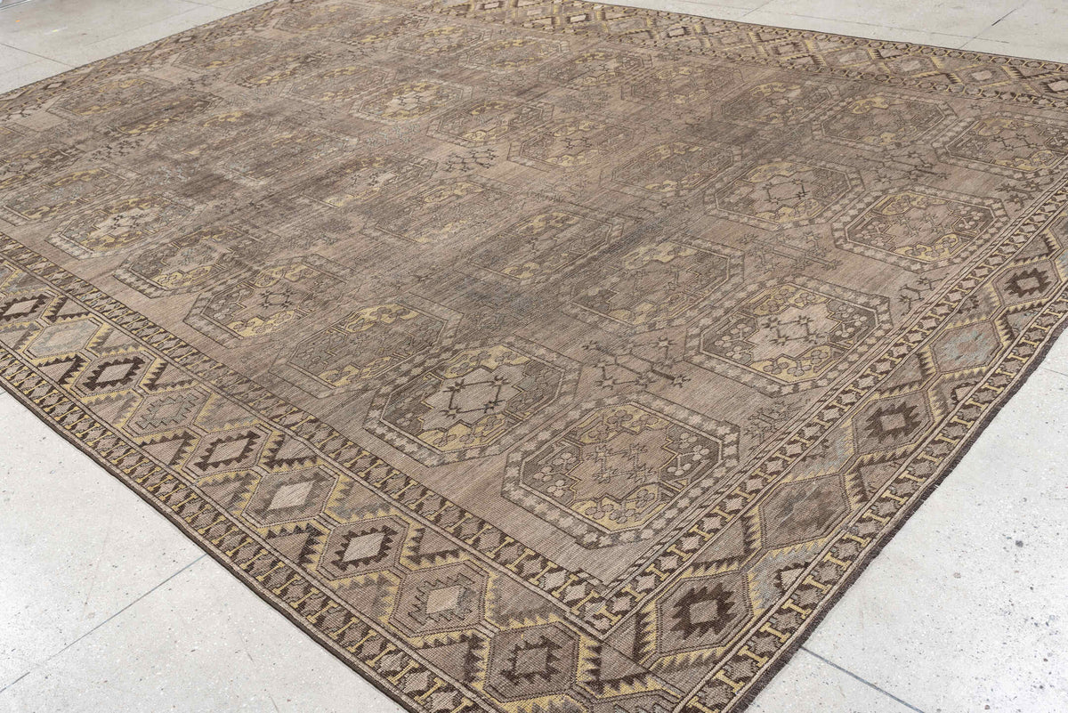 10' x 14' one-of-a-kind handmade antique Afshar rug. Color palette: taupe, camel, ivory, charcoal, blue gray, ochre, ebony