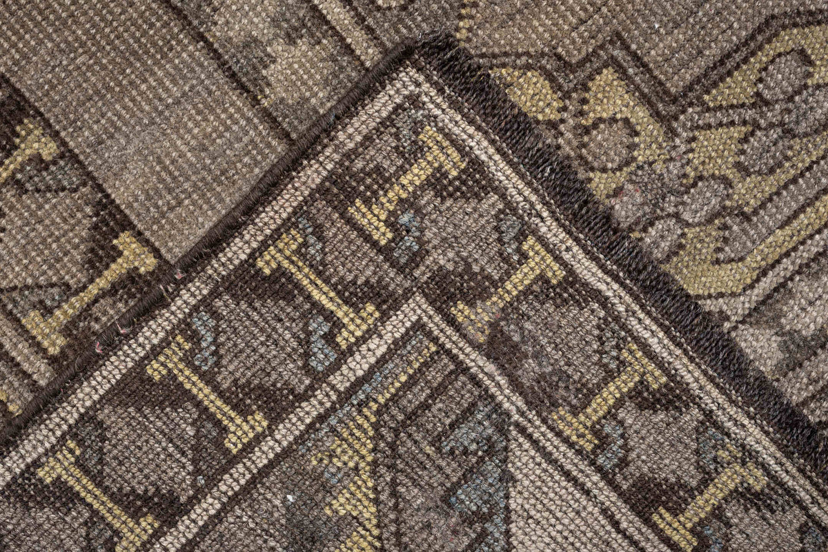 10' x 14' one-of-a-kind handmade antique Afshar rug. Color palette: taupe, camel, ivory, charcoal, blue gray, ochre, ebony