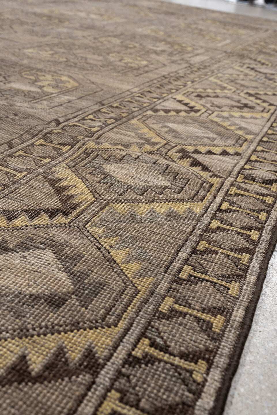 10' x 14' one-of-a-kind handmade antique Afshar rug. Color palette: taupe, camel, ivory, charcoal, blue gray, ochre, ebony