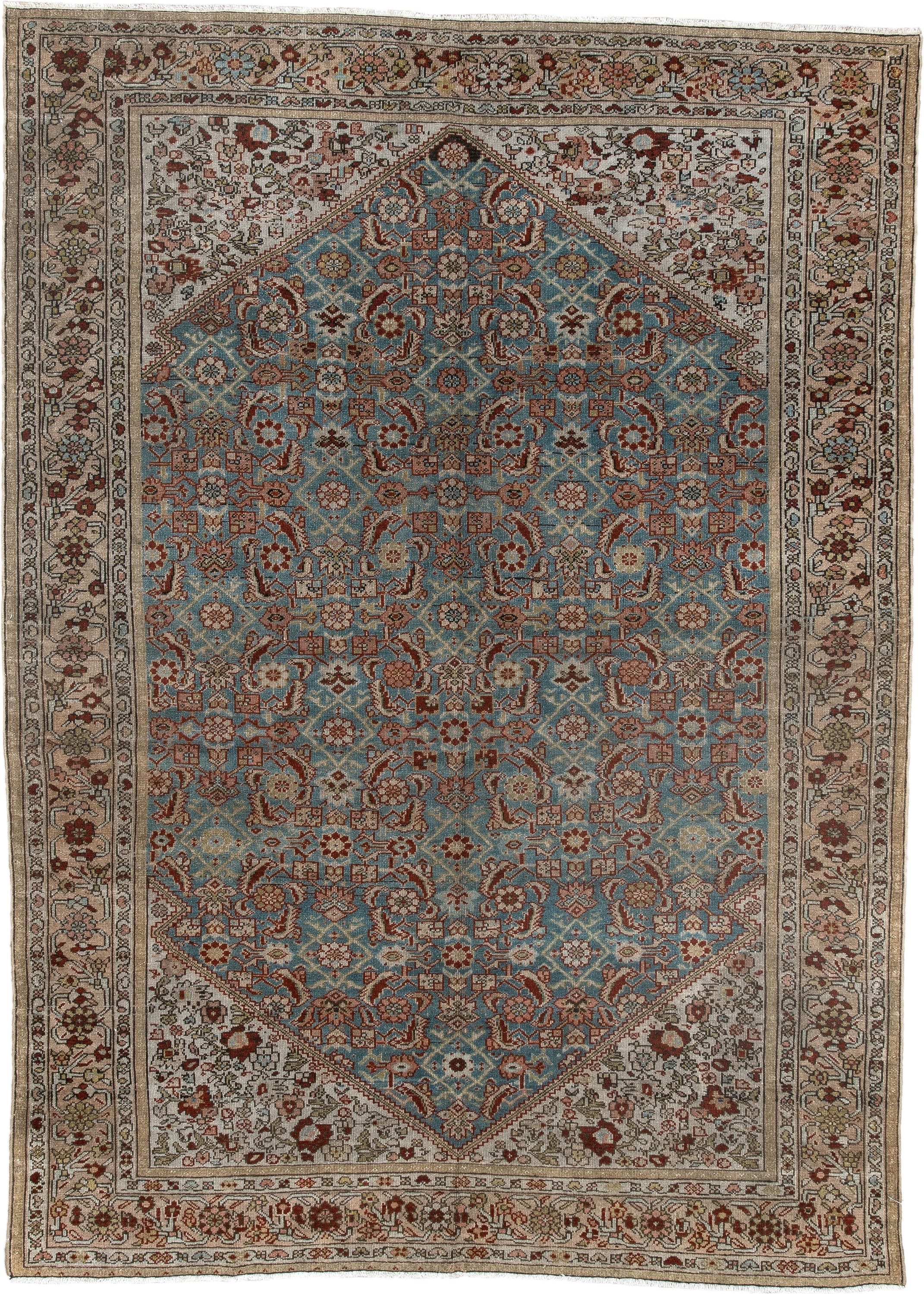 4' x 6' one-of-a-kind handmade antique Malayer rug. Color palette: ivory, sky blue, rust, camel, taupe, brown, sage