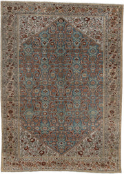 4' x 6' one-of-a-kind handmade antique Malayer rug. Color palette: ivory, sky blue, rust, camel, taupe, brown, sage