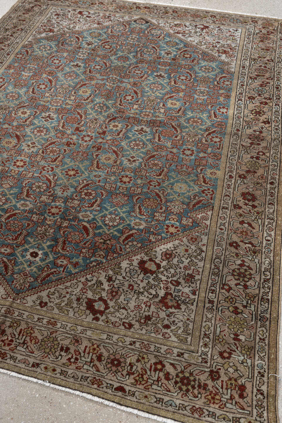 4' x 6' one-of-a-kind handmade antique Malayer rug. Color palette: ivory, sky blue, rust, camel, taupe, brown, sage