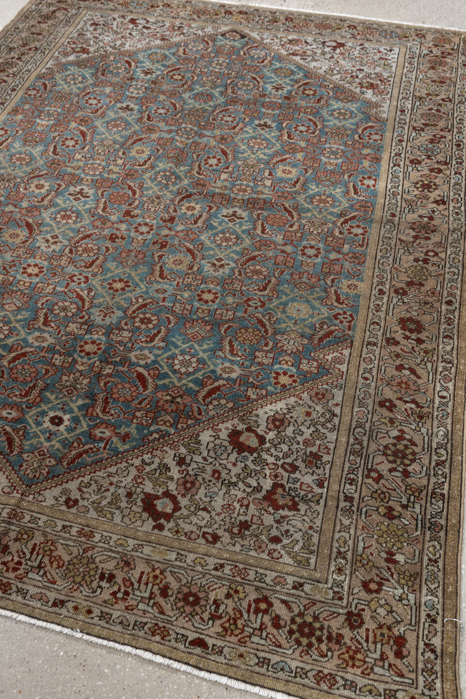 4' x 6' one-of-a-kind handmade antique Malayer rug. Color palette: ivory, sky blue, rust, camel, taupe, brown, sage
