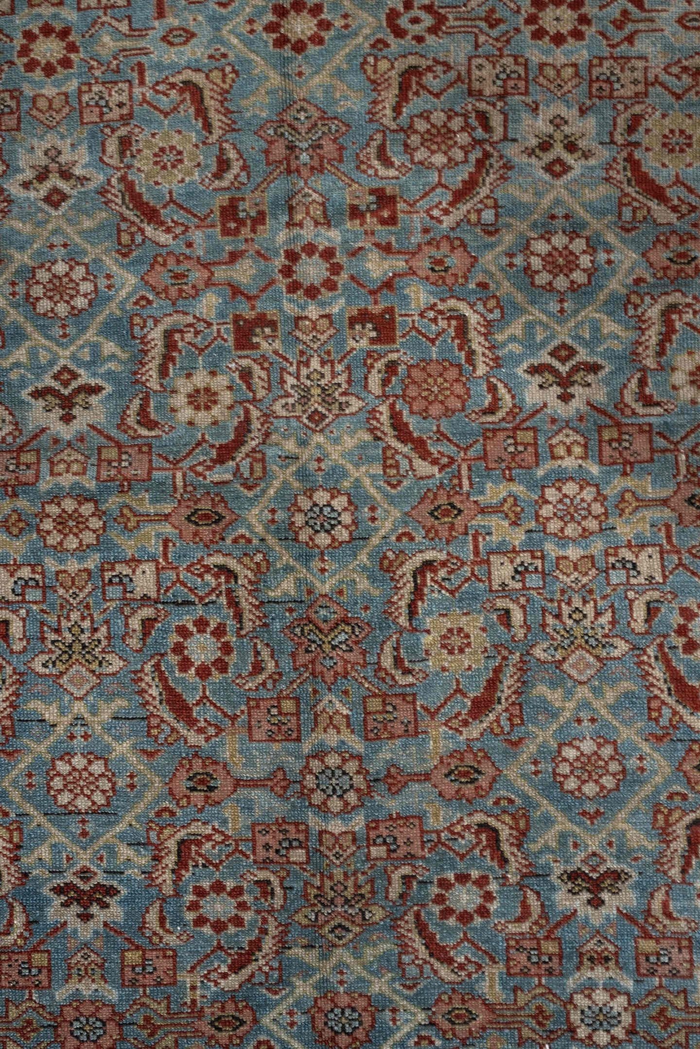 4' x 6' one-of-a-kind handmade antique Malayer rug. Color palette: ivory, sky blue, rust, camel, taupe, brown, sage