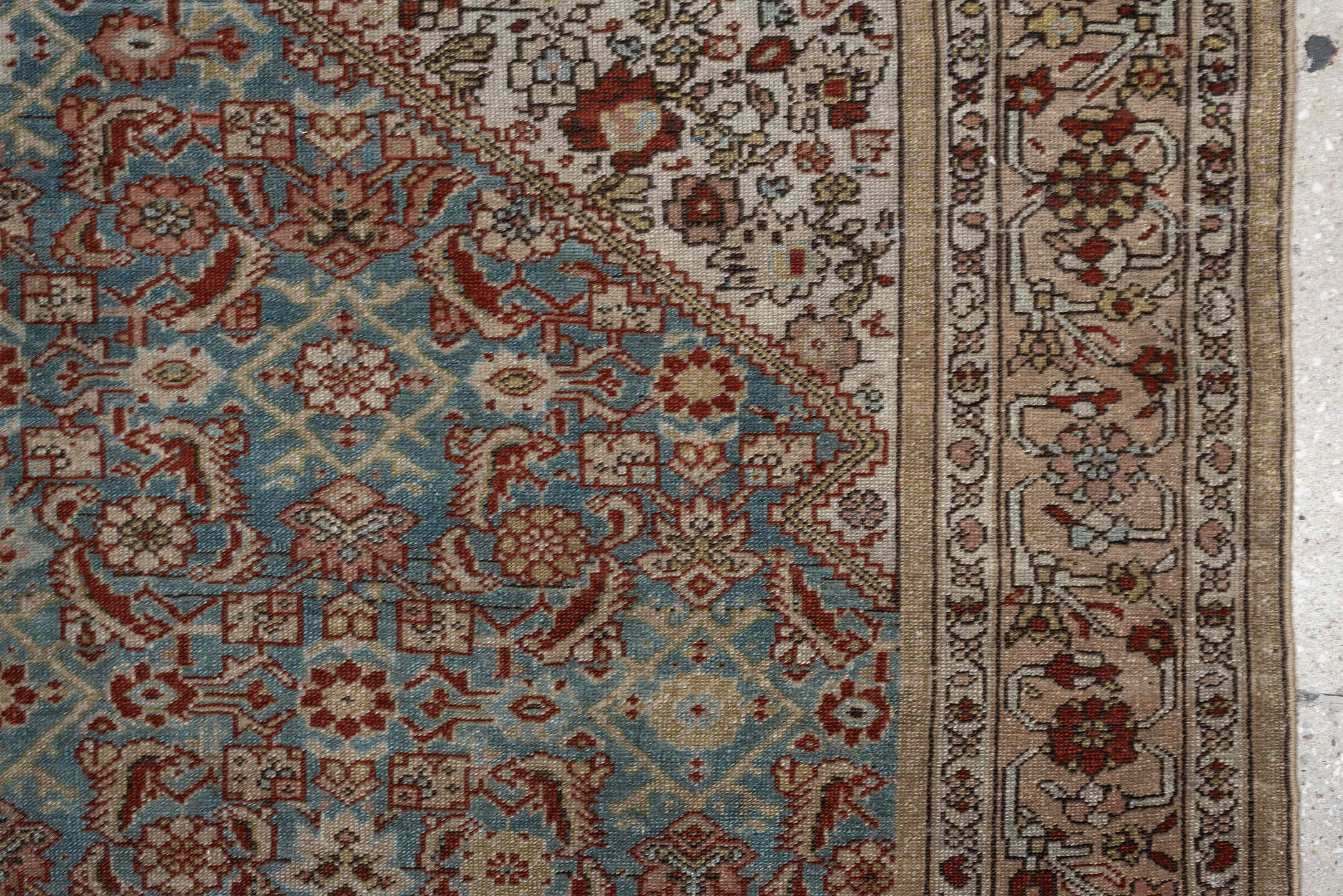 4' x 6' one-of-a-kind handmade antique Malayer rug. Color palette: ivory, sky blue, rust, camel, taupe, brown, sage