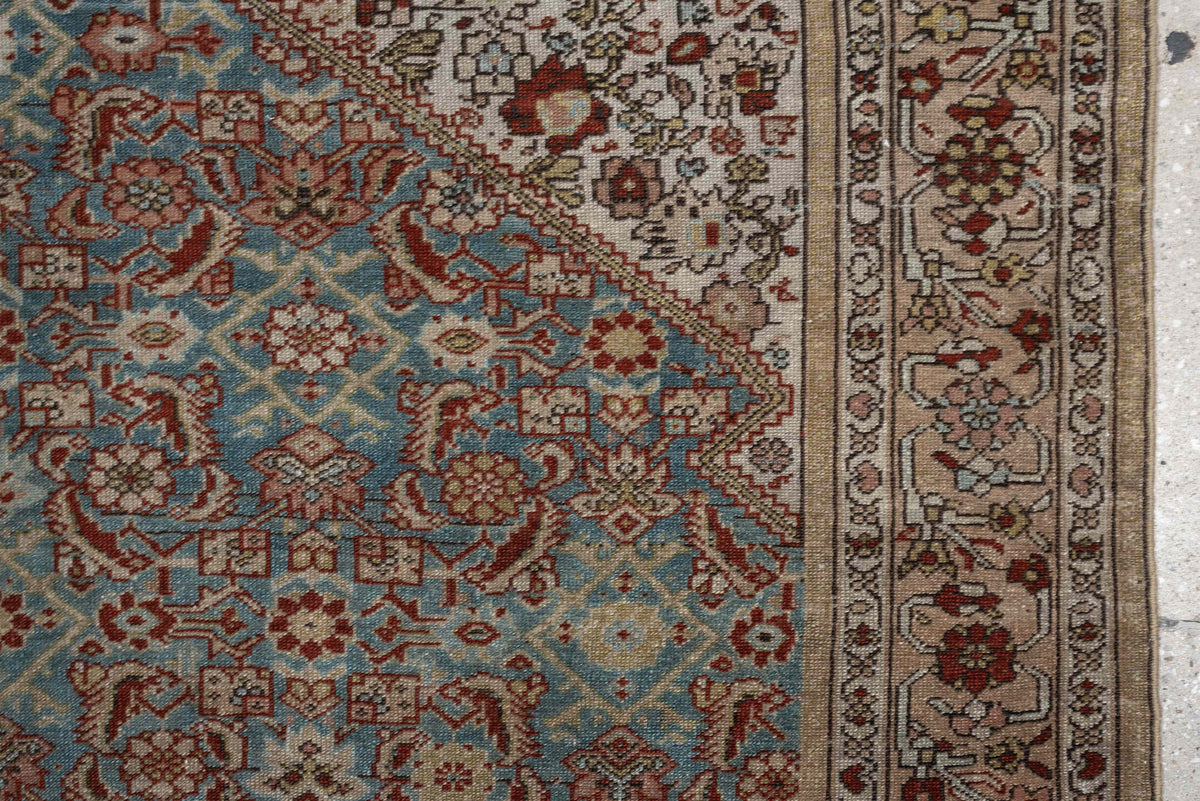4' x 6' one-of-a-kind handmade antique Malayer rug. Color palette: ivory, sky blue, rust, camel, taupe, brown, sage