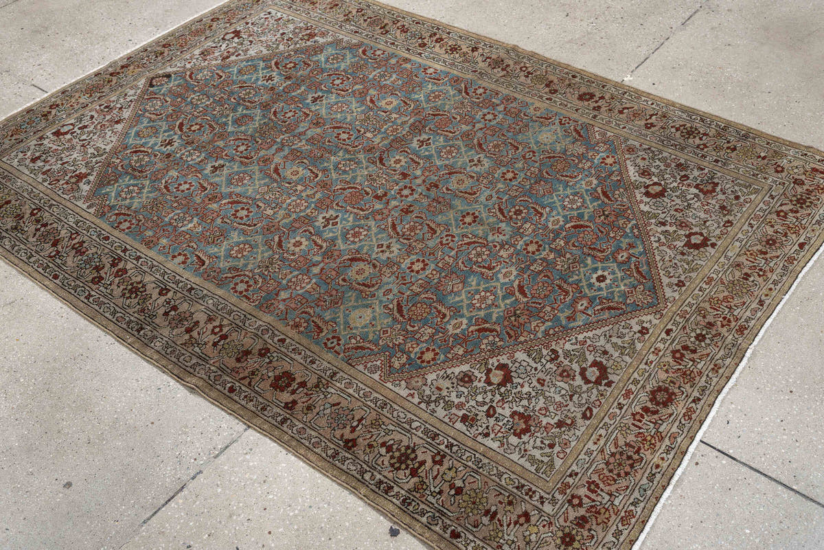 4' x 6' one-of-a-kind handmade antique Malayer rug. Color palette: ivory, sky blue, rust, camel, taupe, brown, sage