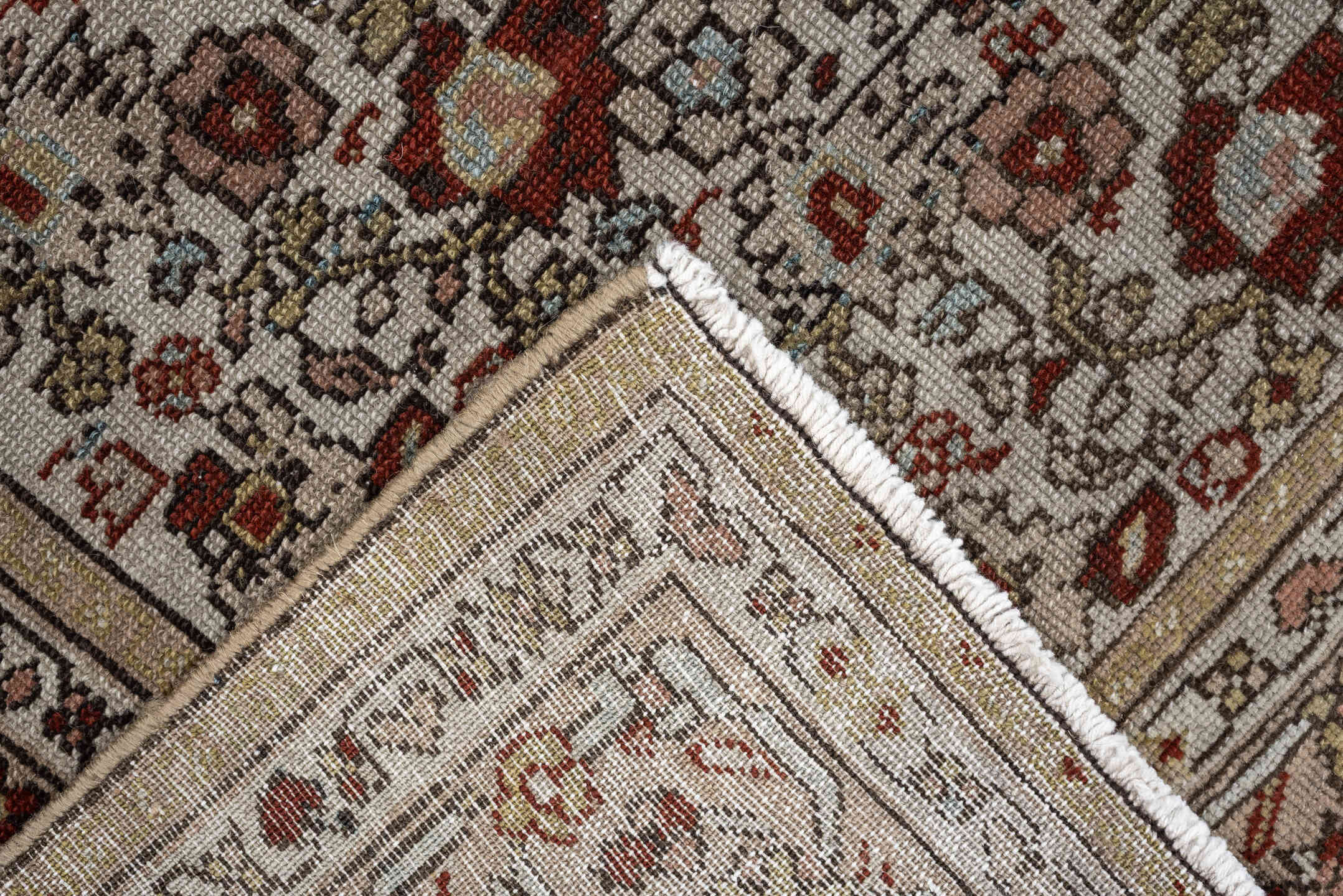 4' x 6' one-of-a-kind handmade antique Malayer rug. Color palette: ivory, sky blue, rust, camel, taupe, brown, sage