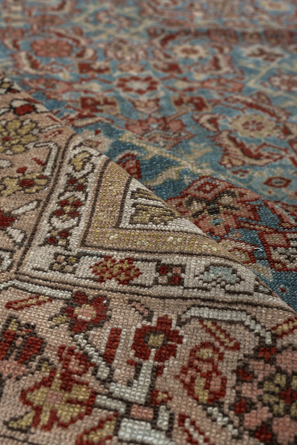 4' x 6' one-of-a-kind handmade antique Malayer rug. Color palette: ivory, sky blue, rust, camel, taupe, brown, sage