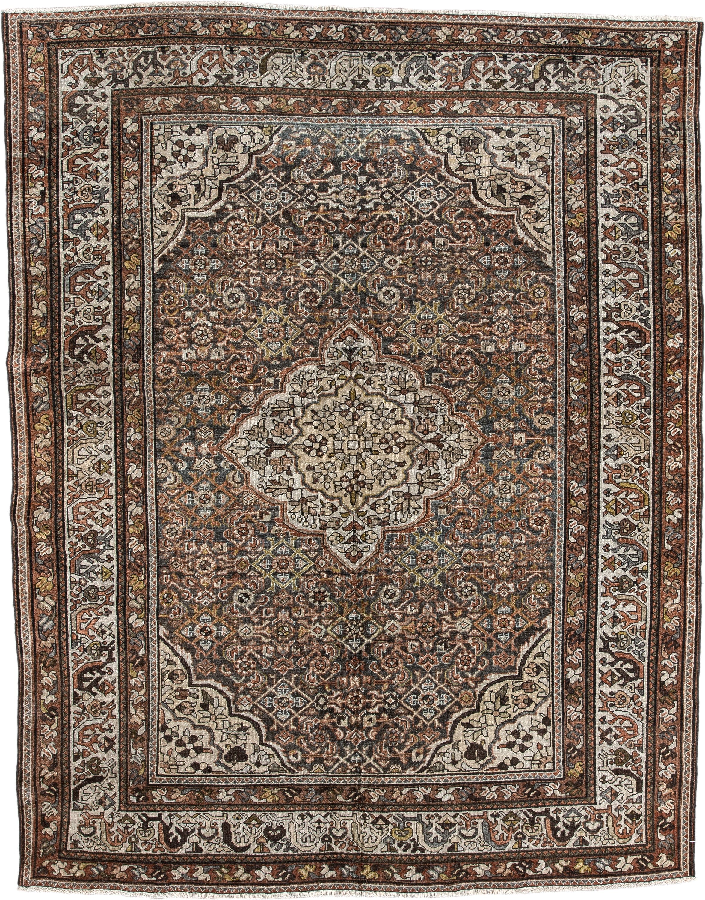 5' x 6' one-of-a-kind handmade antique Malayer rug. Color palette: ivory, rust, dark brown, indigo, slate blue, taupe, olive