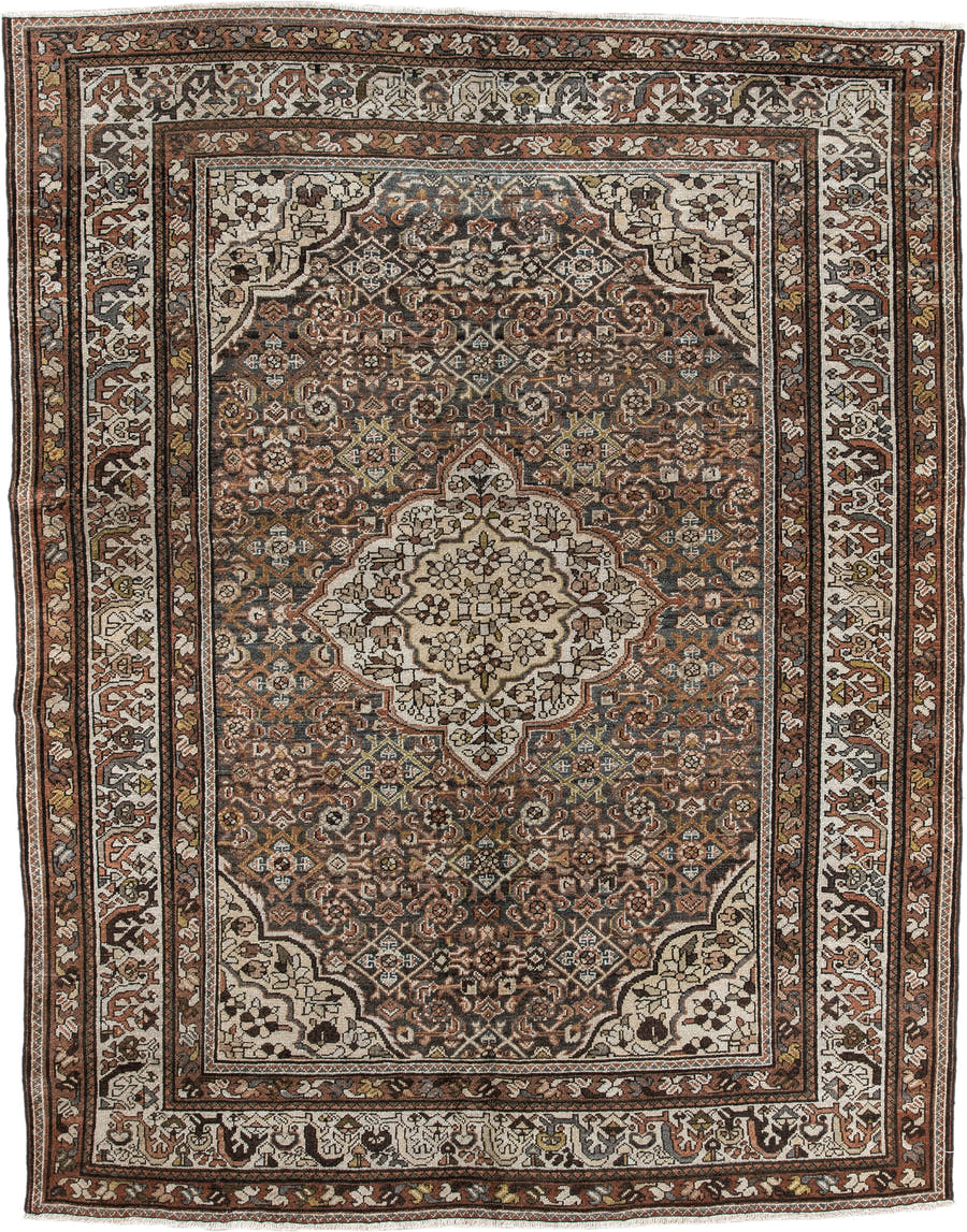 5' x 6' one-of-a-kind handmade antique Malayer rug. Color palette: ivory, rust, dark brown, indigo, slate blue, taupe, olive