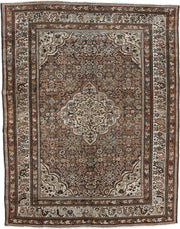 5' x 6' one-of-a-kind handmade antique Malayer rug. Color palette: ivory, rust, dark brown, indigo, slate blue, taupe, olive