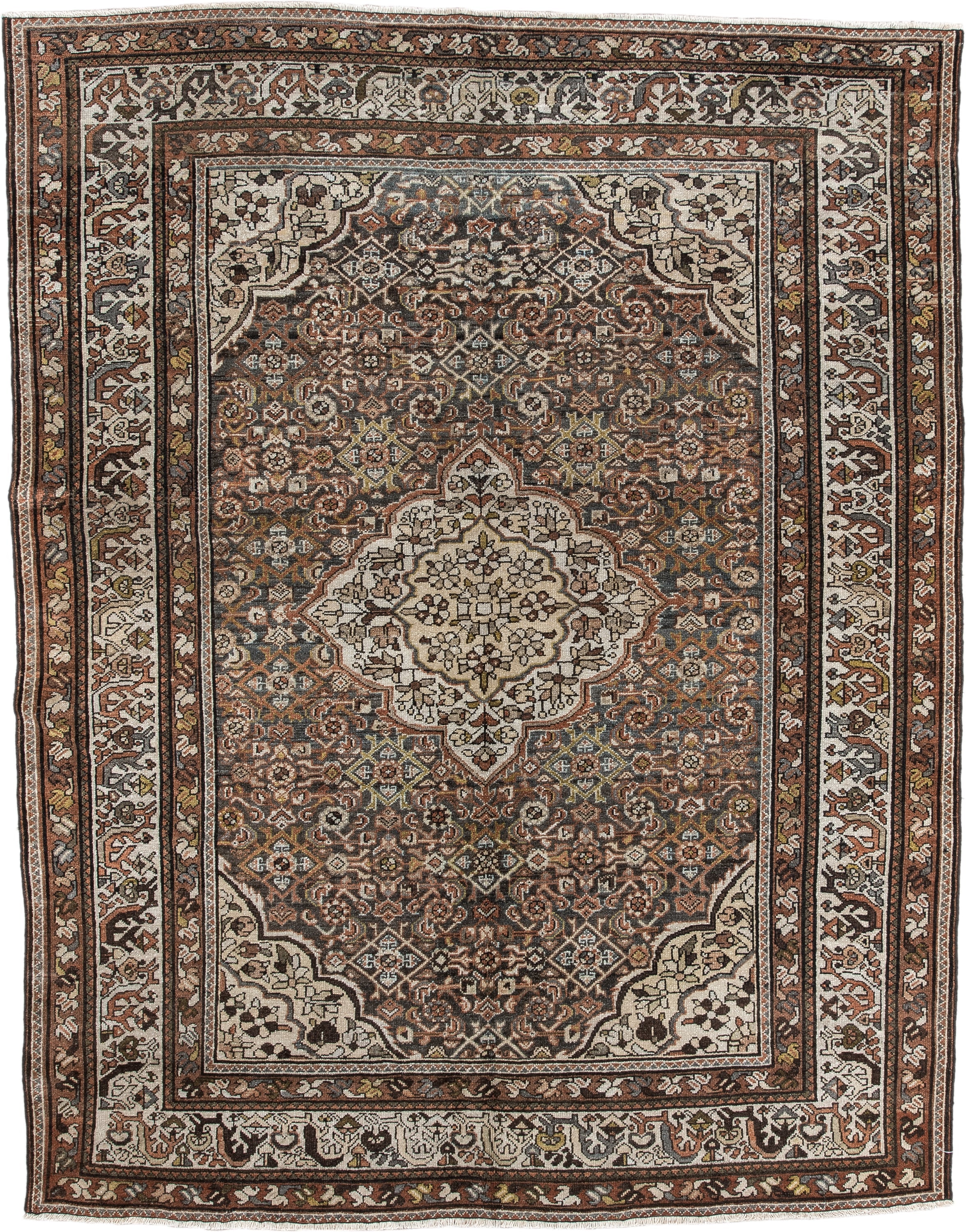 5' x 6' one-of-a-kind handmade antique Malayer rug. Color palette: ivory, rust, dark brown, indigo, slate blue, taupe, olive