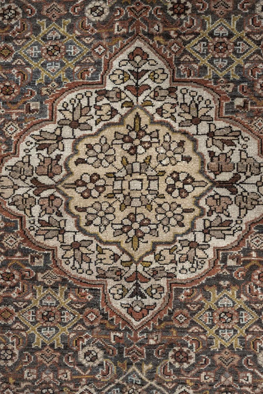 5' x 6' one-of-a-kind handmade antique Malayer rug. Color palette: ivory, rust, dark brown, indigo, slate blue, taupe, olive
