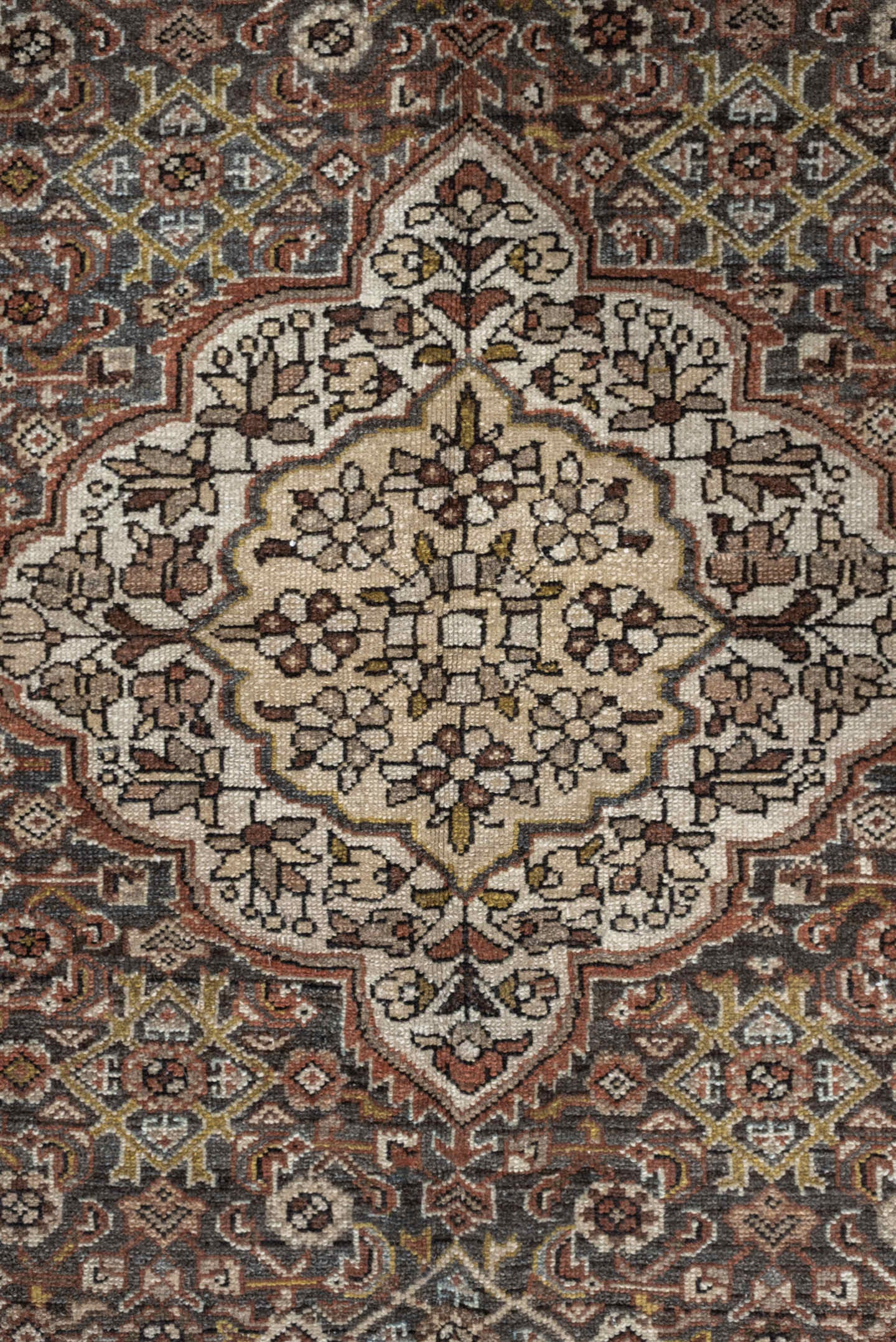 5' x 6' one-of-a-kind handmade antique Malayer rug. Color palette: ivory, rust, dark brown, indigo, slate blue, taupe, olive