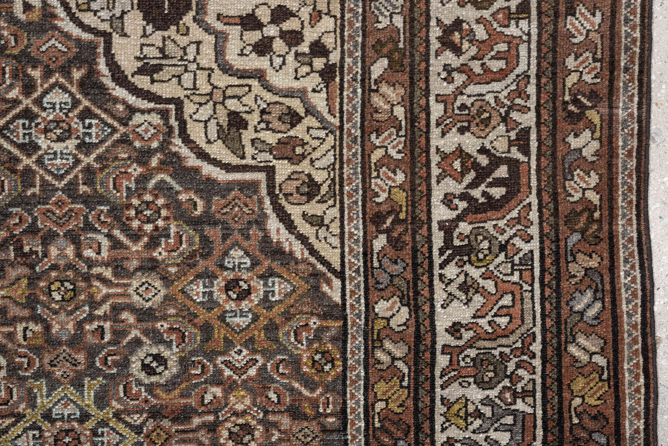 5' x 6' one-of-a-kind handmade antique Malayer rug. Color palette: ivory, rust, dark brown, indigo, slate blue, taupe, olive