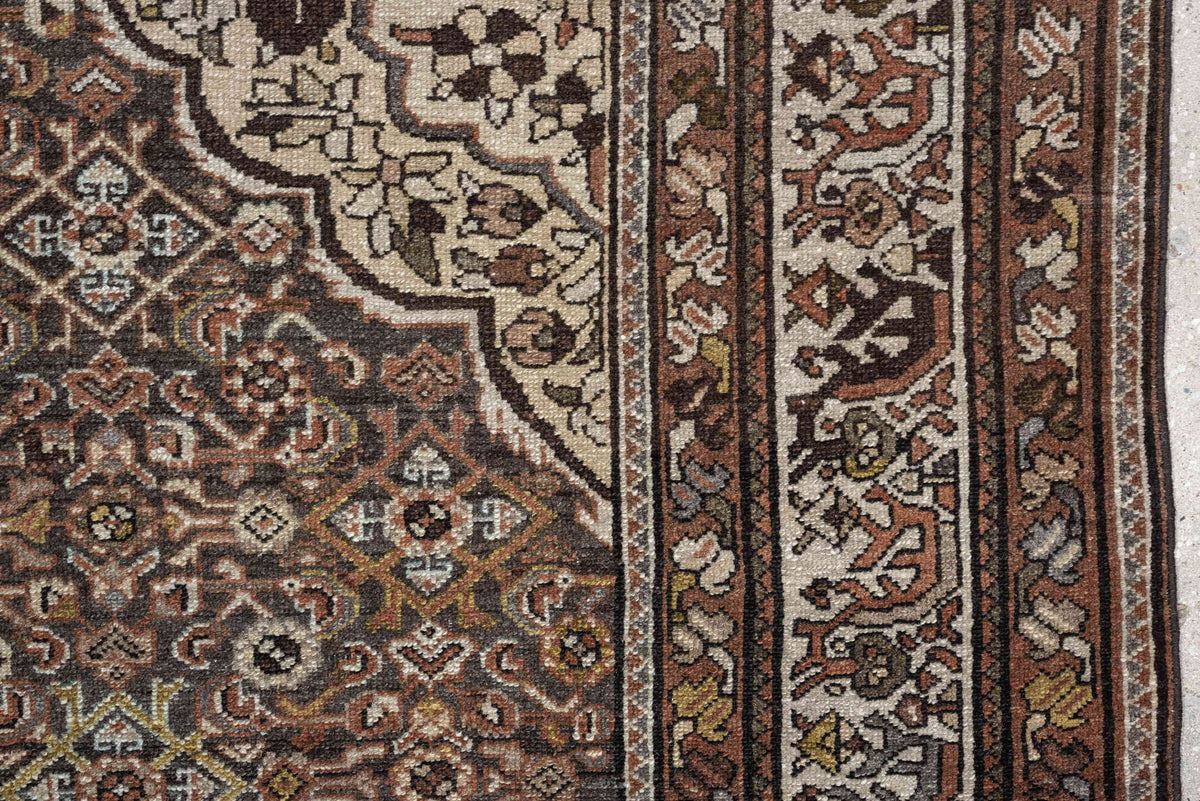5' x 6' one-of-a-kind handmade antique Malayer rug. Color palette: ivory, rust, dark brown, indigo, slate blue, taupe, olive