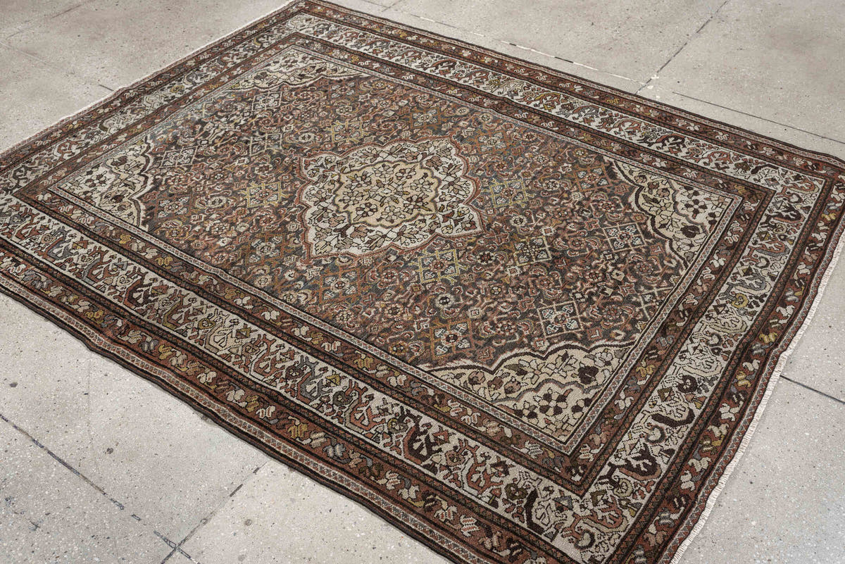 5' x 6' one-of-a-kind handmade antique Malayer rug. Color palette: ivory, rust, dark brown, indigo, slate blue, taupe, olive