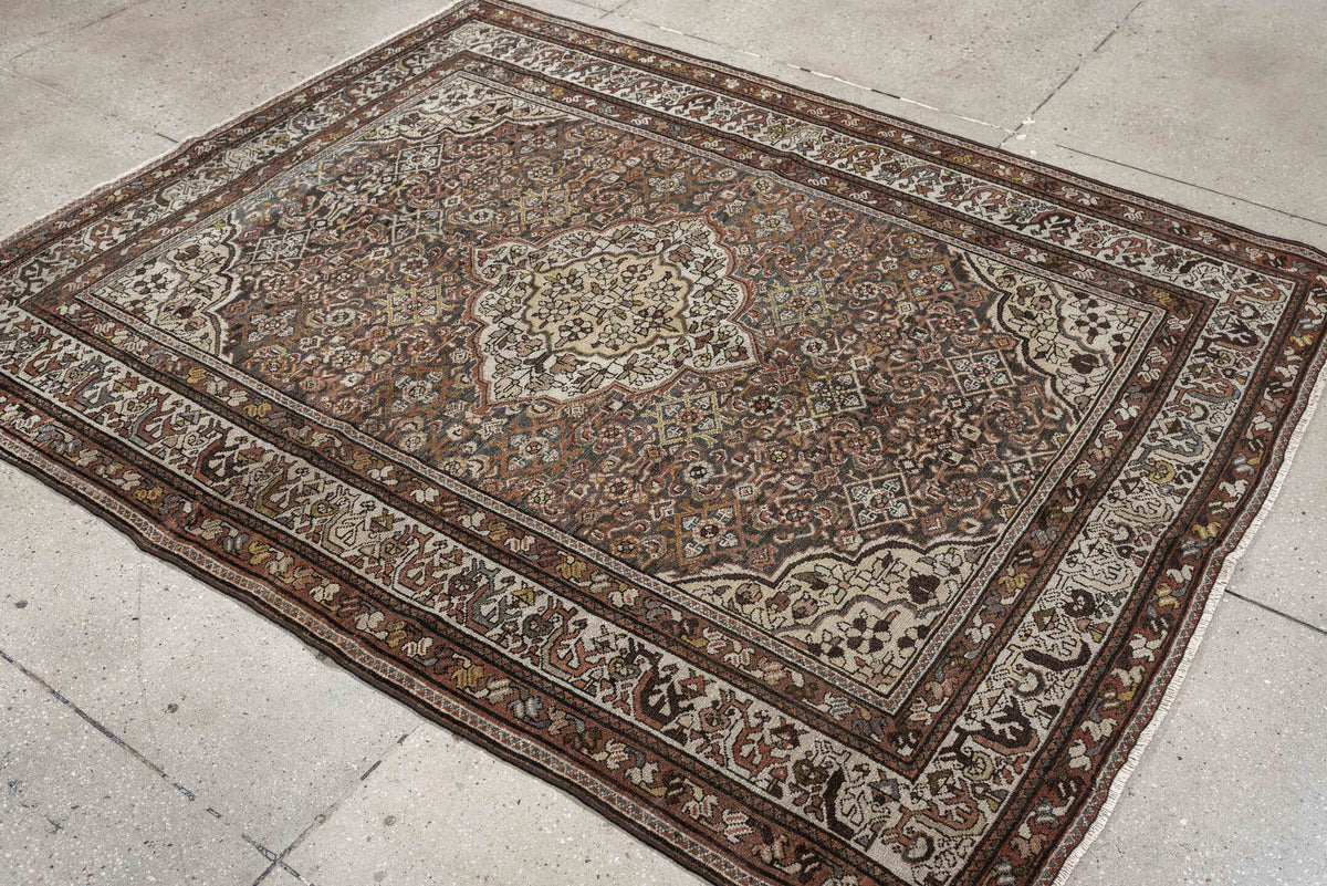 5' x 6' one-of-a-kind handmade antique Malayer rug. Color palette: ivory, rust, dark brown, indigo, slate blue, taupe, olive