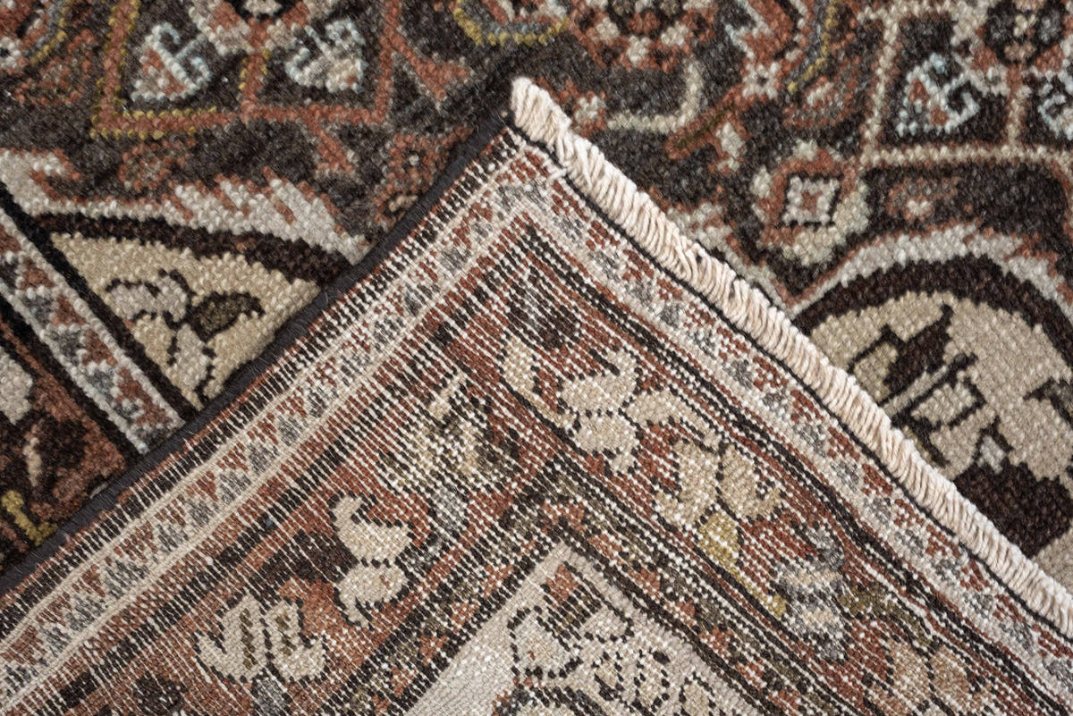 5' x 6' one-of-a-kind handmade antique Malayer rug. Color palette: ivory, rust, dark brown, indigo, slate blue, taupe, olive
