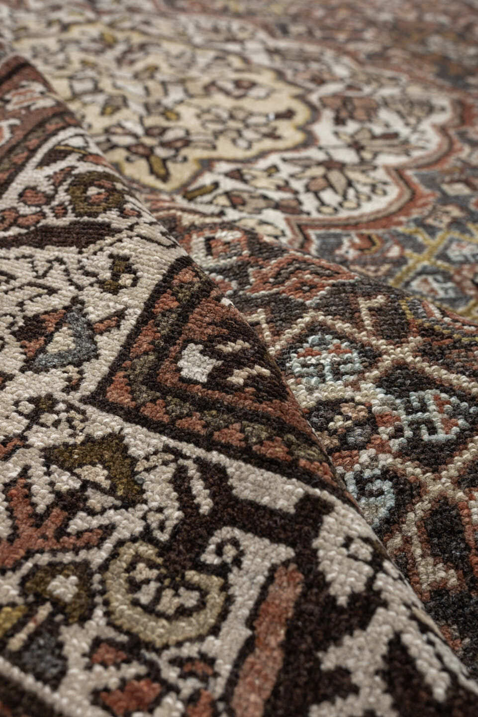 5' x 6' one-of-a-kind handmade antique Malayer rug. Color palette: ivory, rust, dark brown, indigo, slate blue, taupe, olive