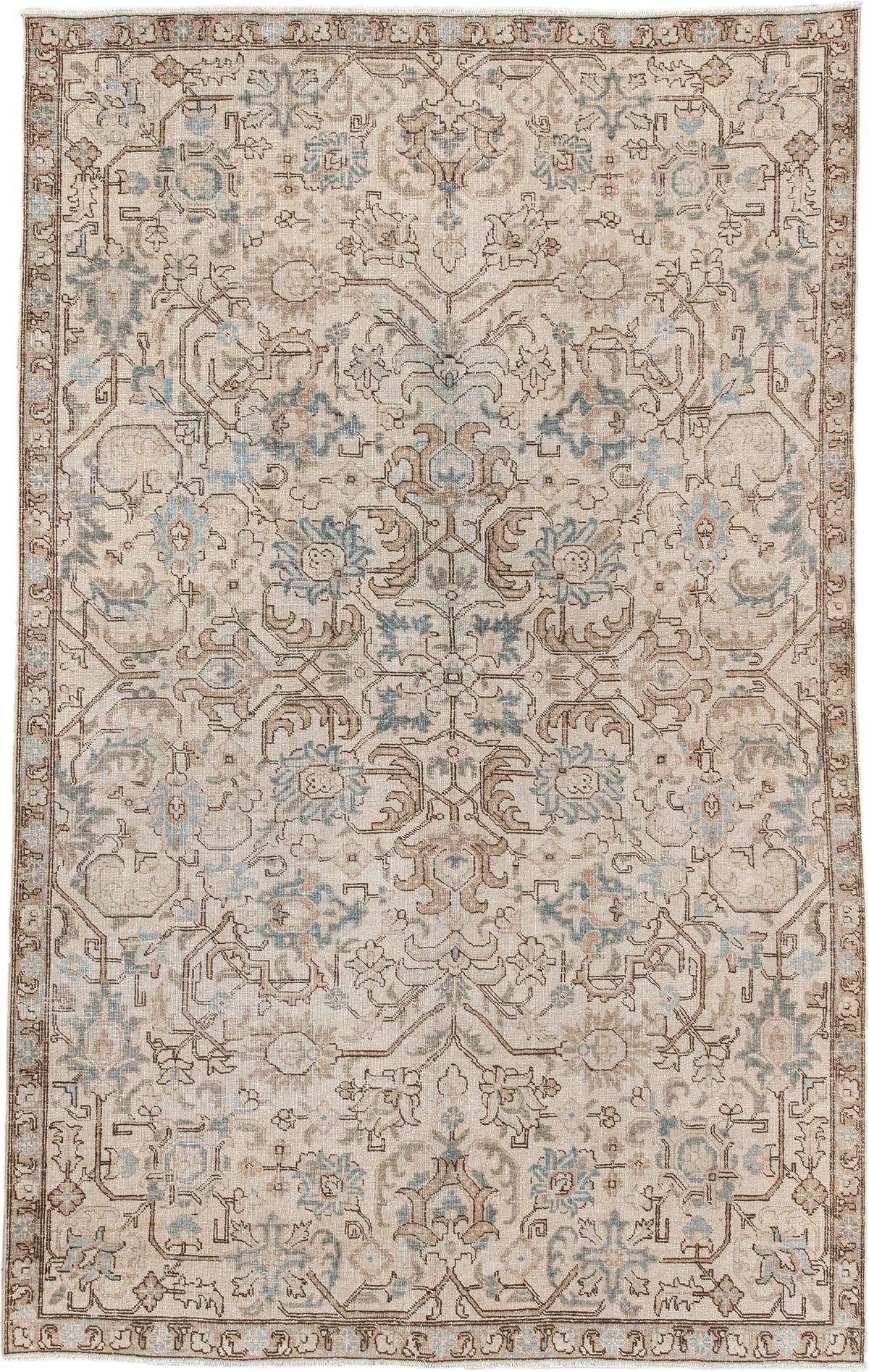 5' x 8' one-of-a-kind handmade antique Tabriz medium size rug. Color palette: ivory, taupe, pale blue, camel, light brown