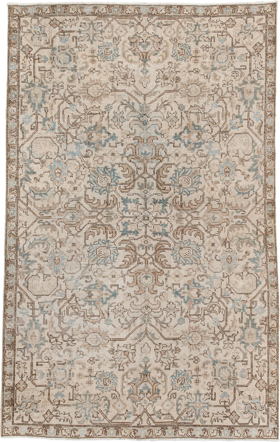 5' x 8' one-of-a-kind handmade antique Tabriz medium size rug. Color palette: ivory, taupe, pale blue, camel, light brown