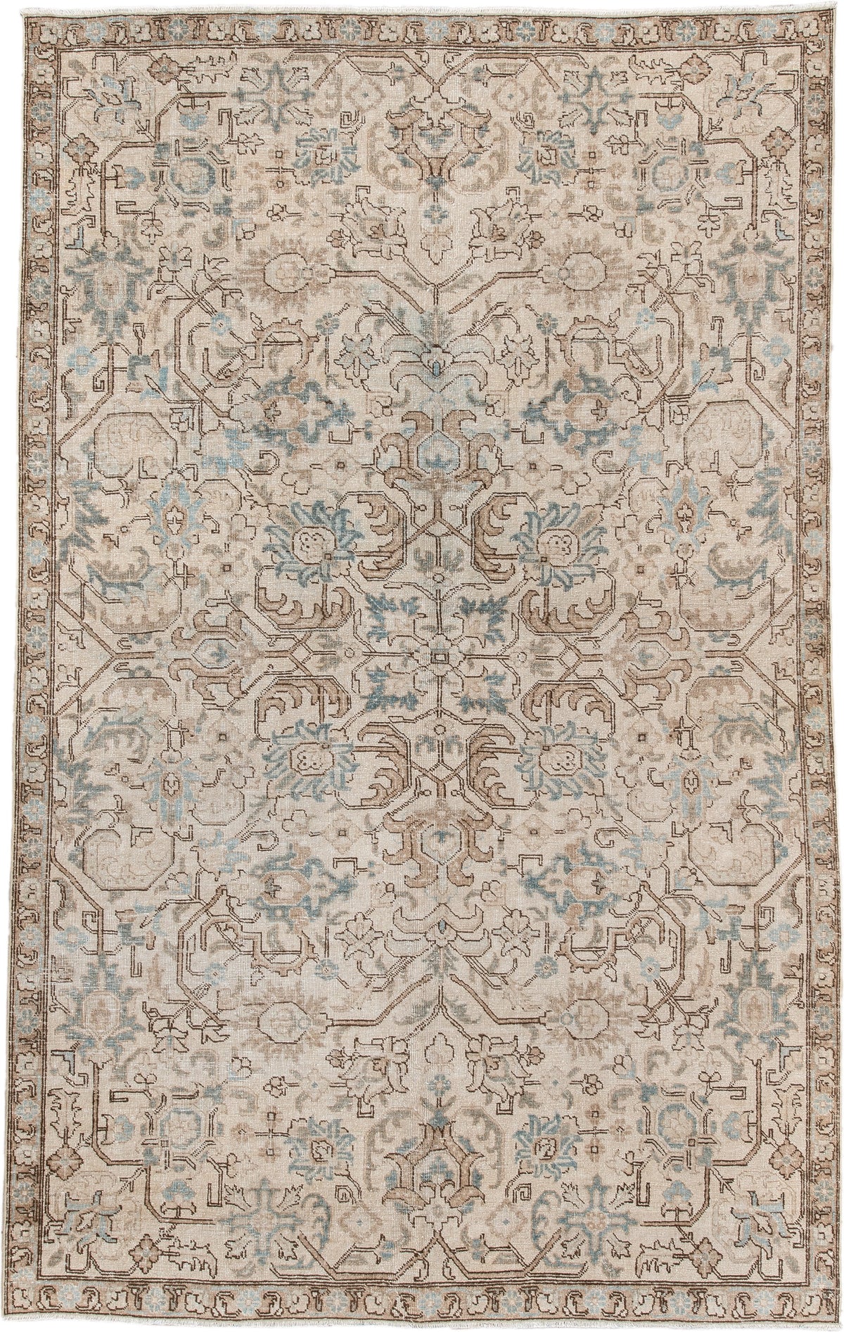 5' x 8' one-of-a-kind handmade antique Tabriz medium size rug. Color palette: ivory, taupe, pale blue, camel, light brown