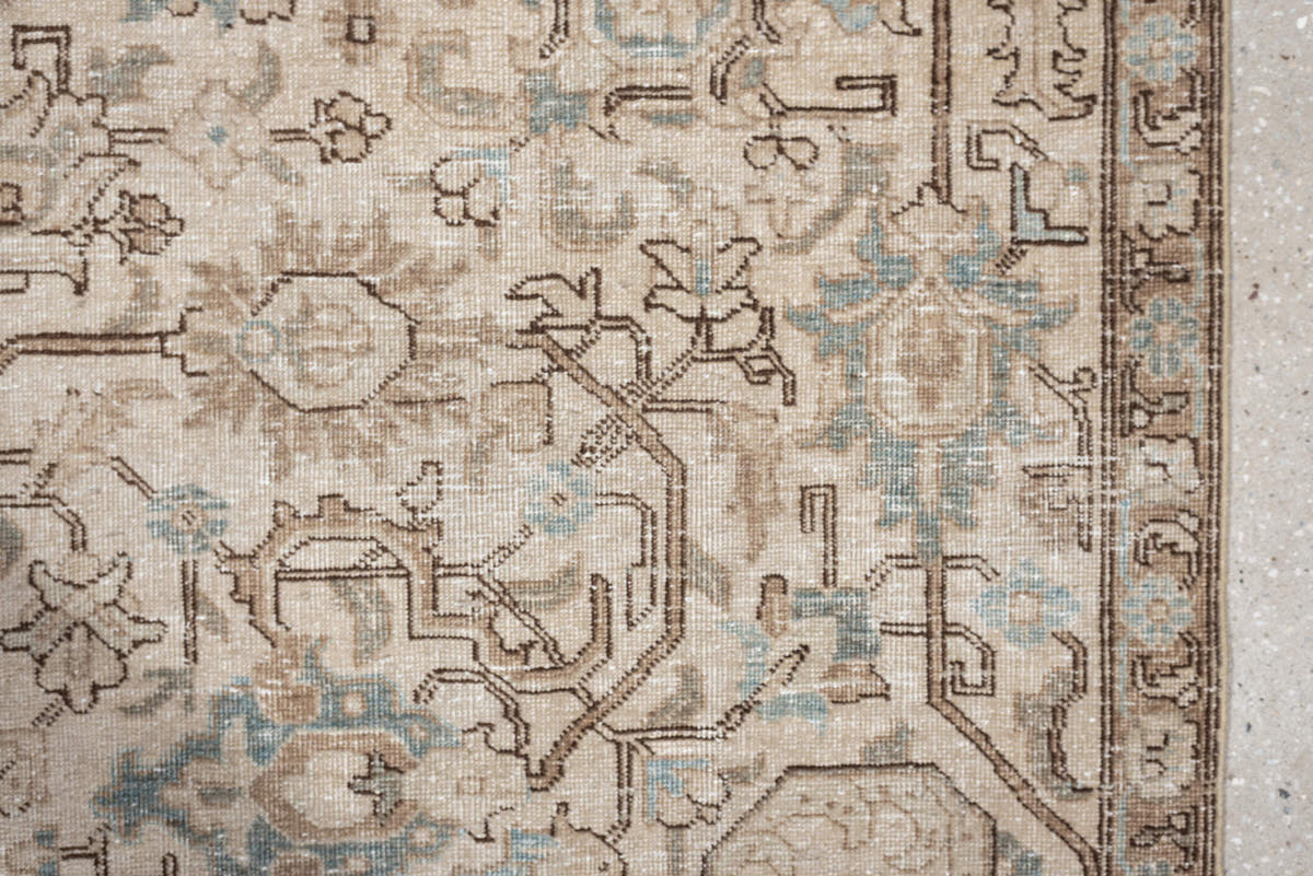 5' x 8' one-of-a-kind handmade antique Tabriz medium size rug. Color palette: ivory, taupe, pale blue, camel, light brown