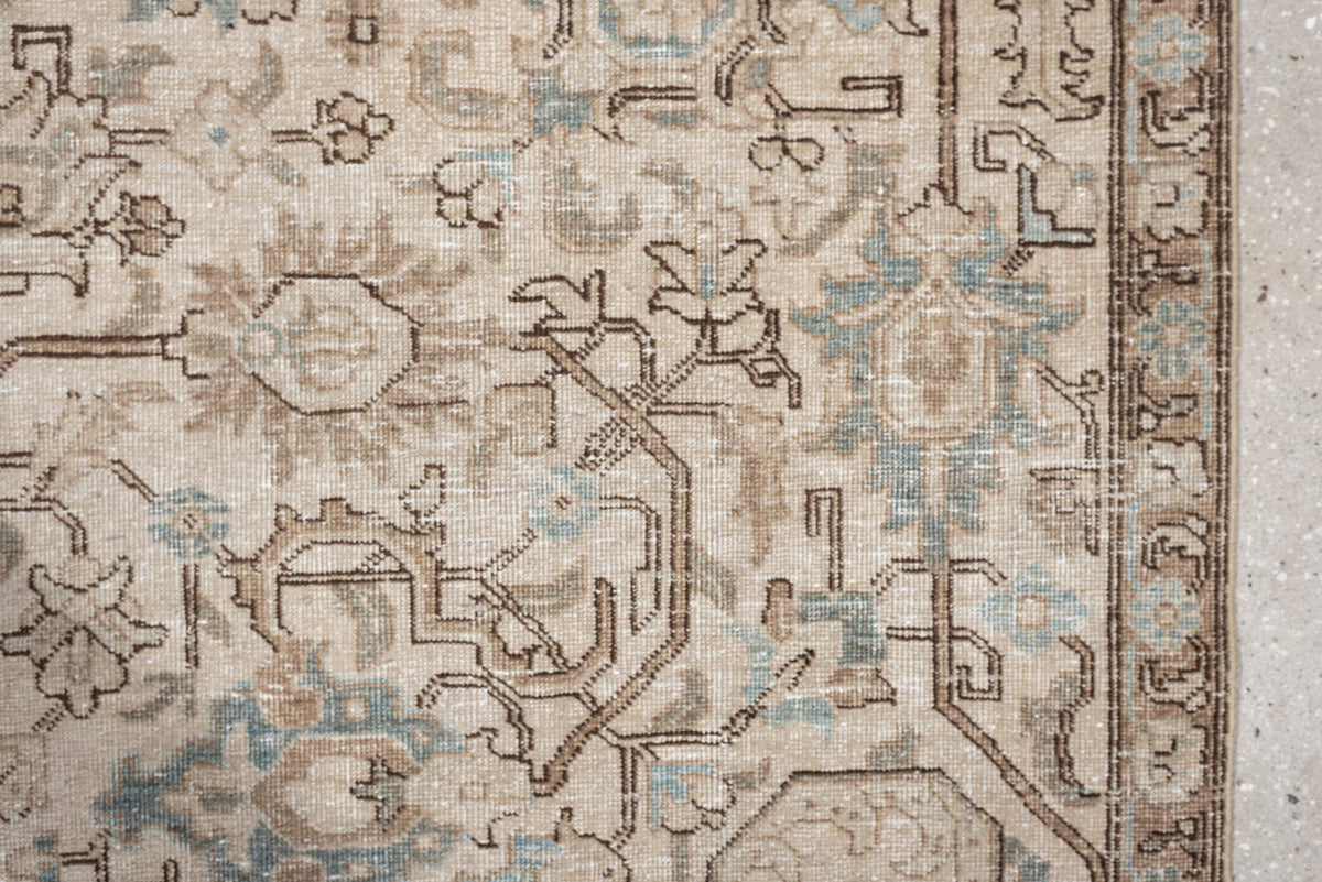 5' x 8' one-of-a-kind handmade antique Tabriz medium size rug. Color palette: ivory, taupe, pale blue, camel, light brown
