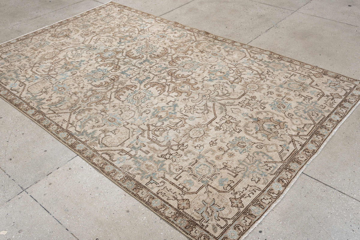 5' x 8' one-of-a-kind handmade antique Tabriz medium size rug. Color palette: ivory, taupe, pale blue, camel, light brown