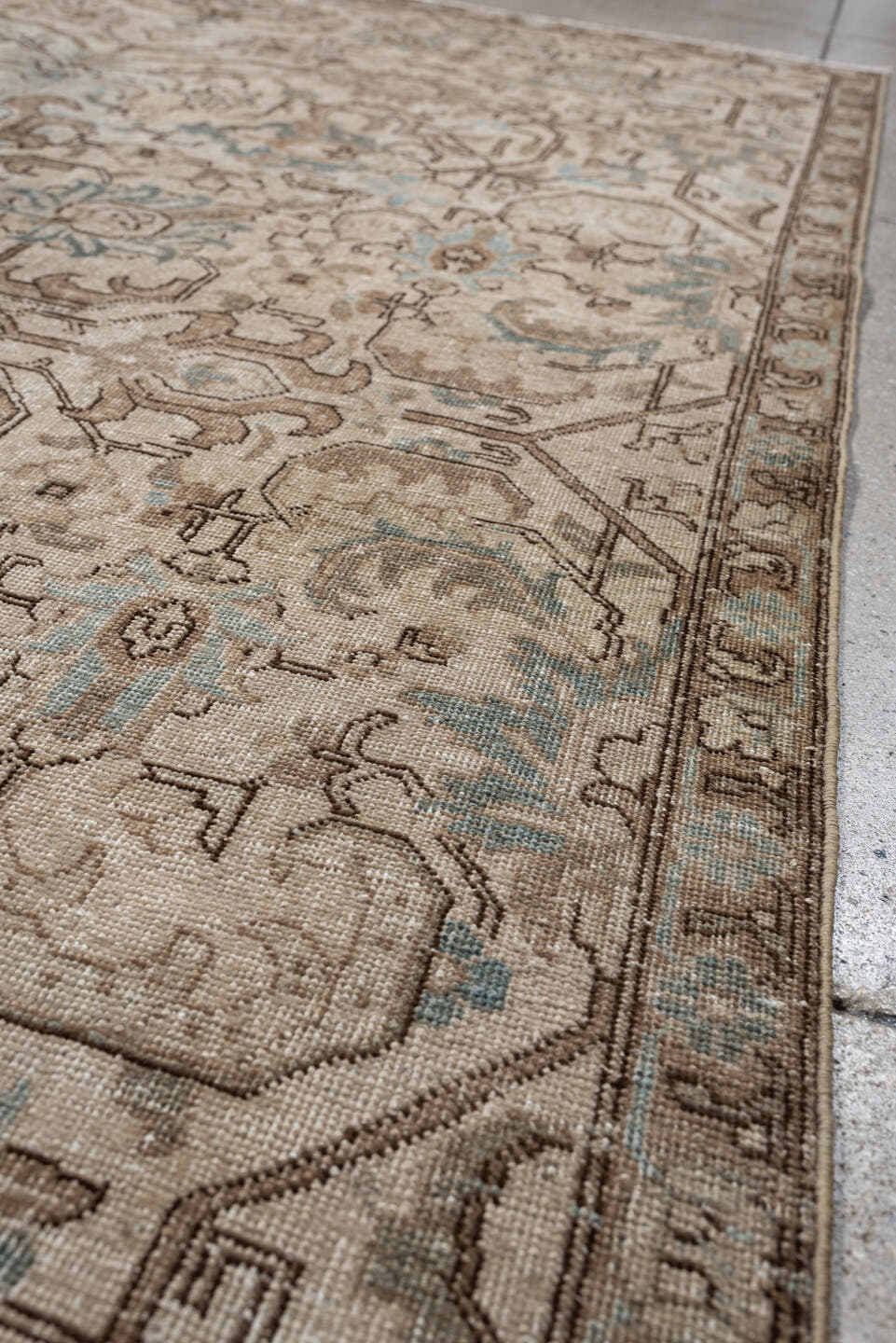 5' x 8' one-of-a-kind handmade antique Tabriz medium size rug. Color palette: ivory, taupe, pale blue, camel, light brown